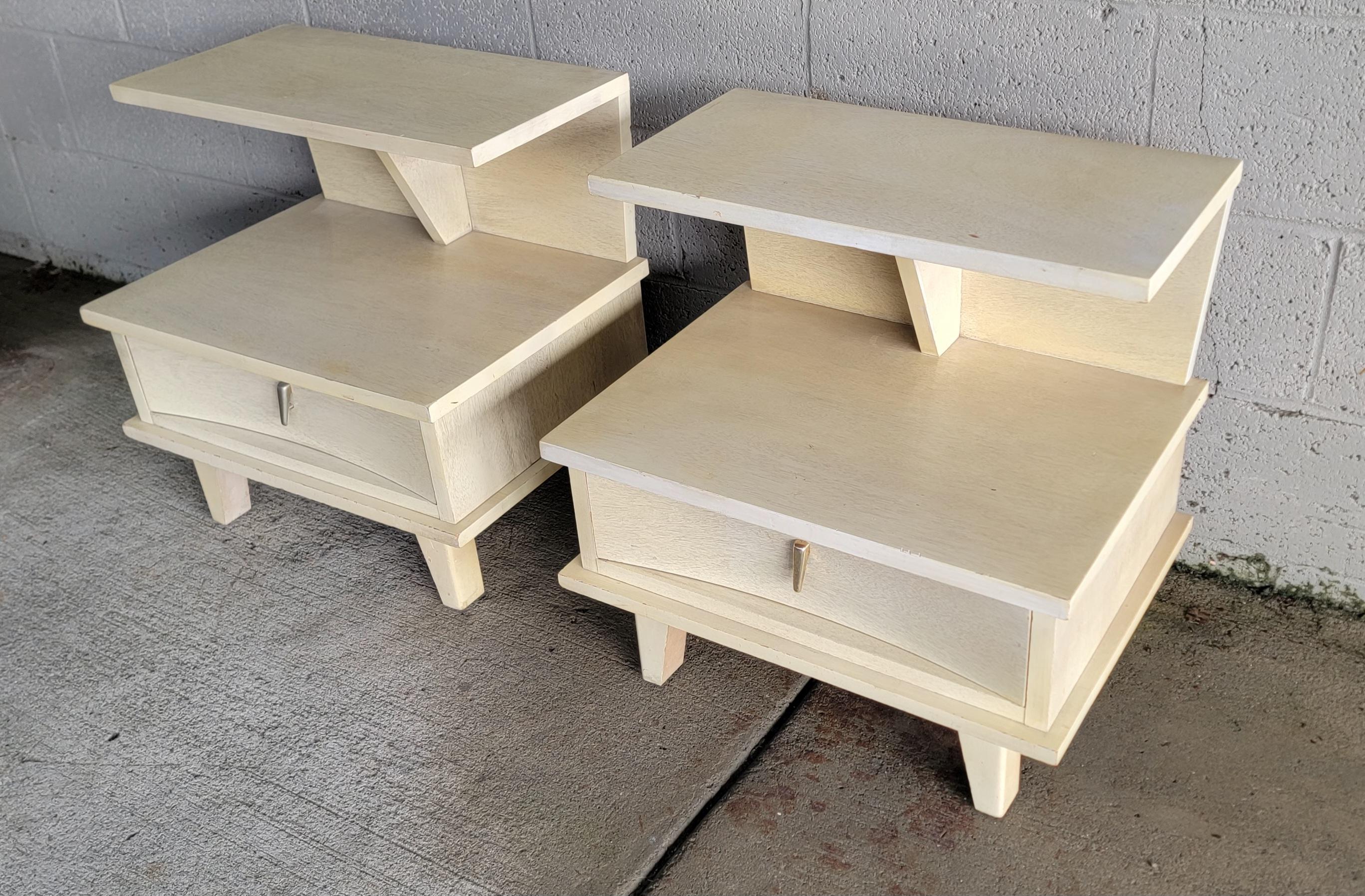 American Pair Blonde / White Two Tier Nightstands by Dixie Furniture Co. 1950's