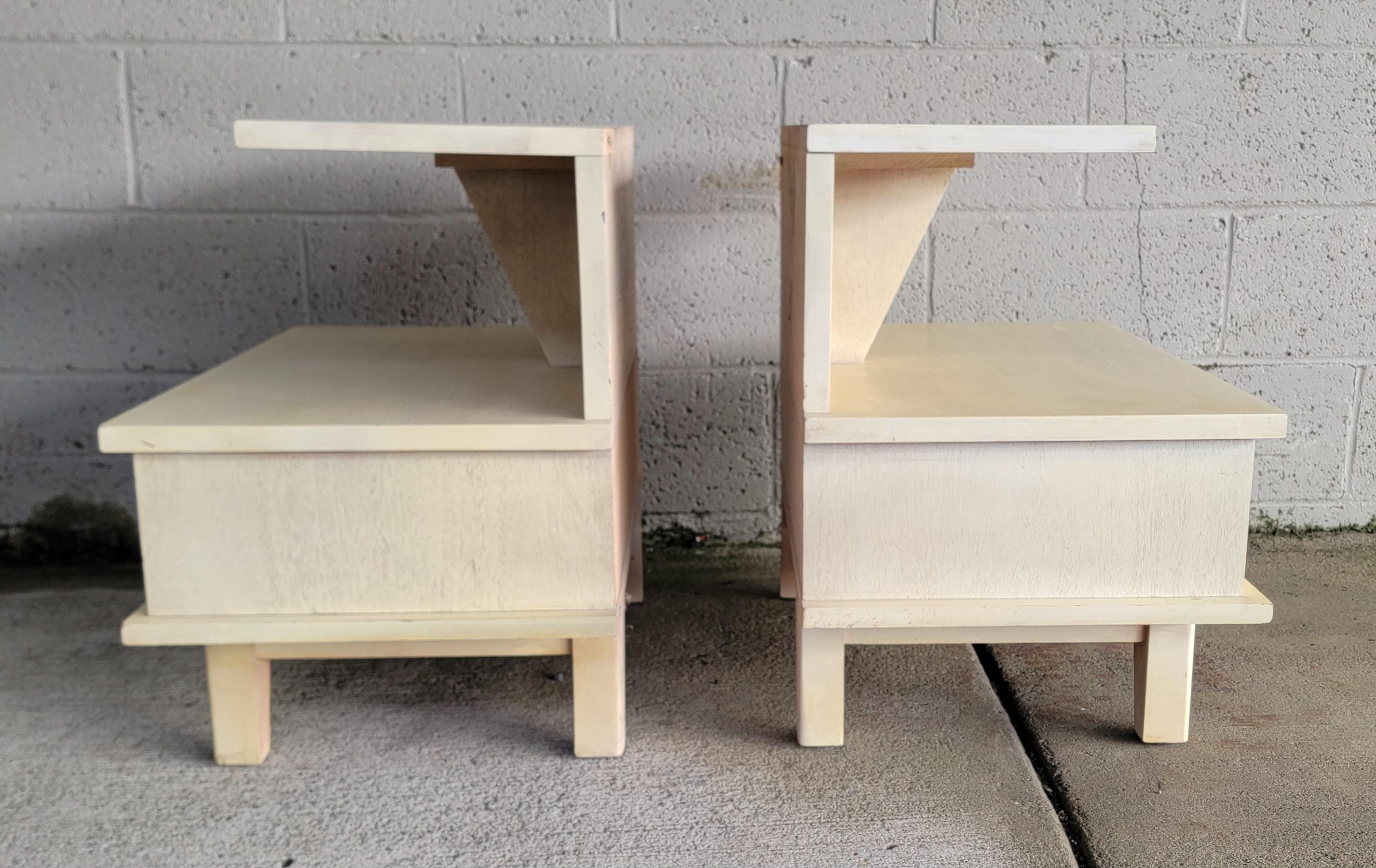 Cerused Pair Blonde / White Two Tier Nightstands by Dixie Furniture Co. 1950's