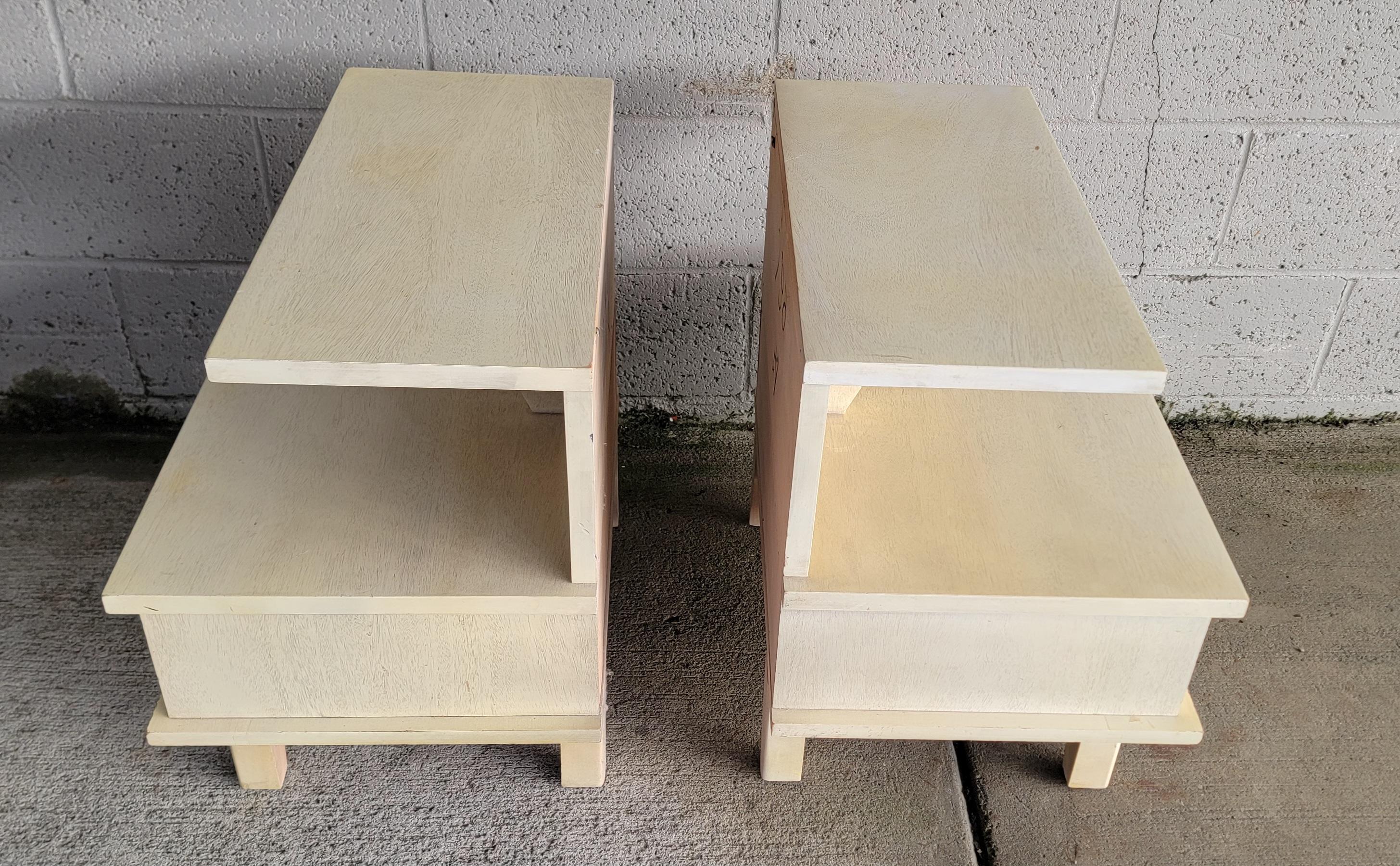 20th Century Pair Blonde / White Two Tier Nightstands by Dixie Furniture Co. 1950's