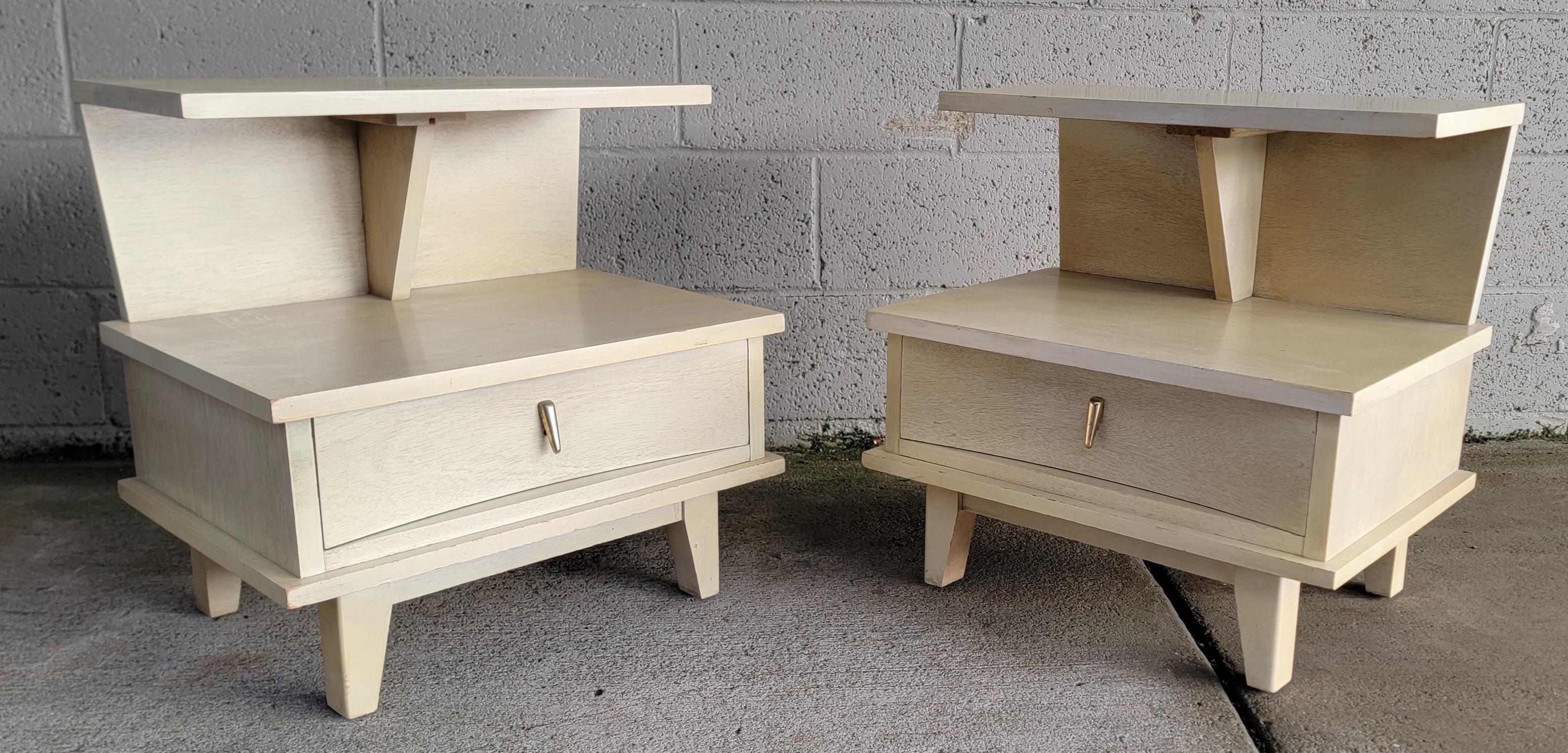 Oak Pair Blonde / White Two Tier Nightstands by Dixie Furniture Co. 1950's