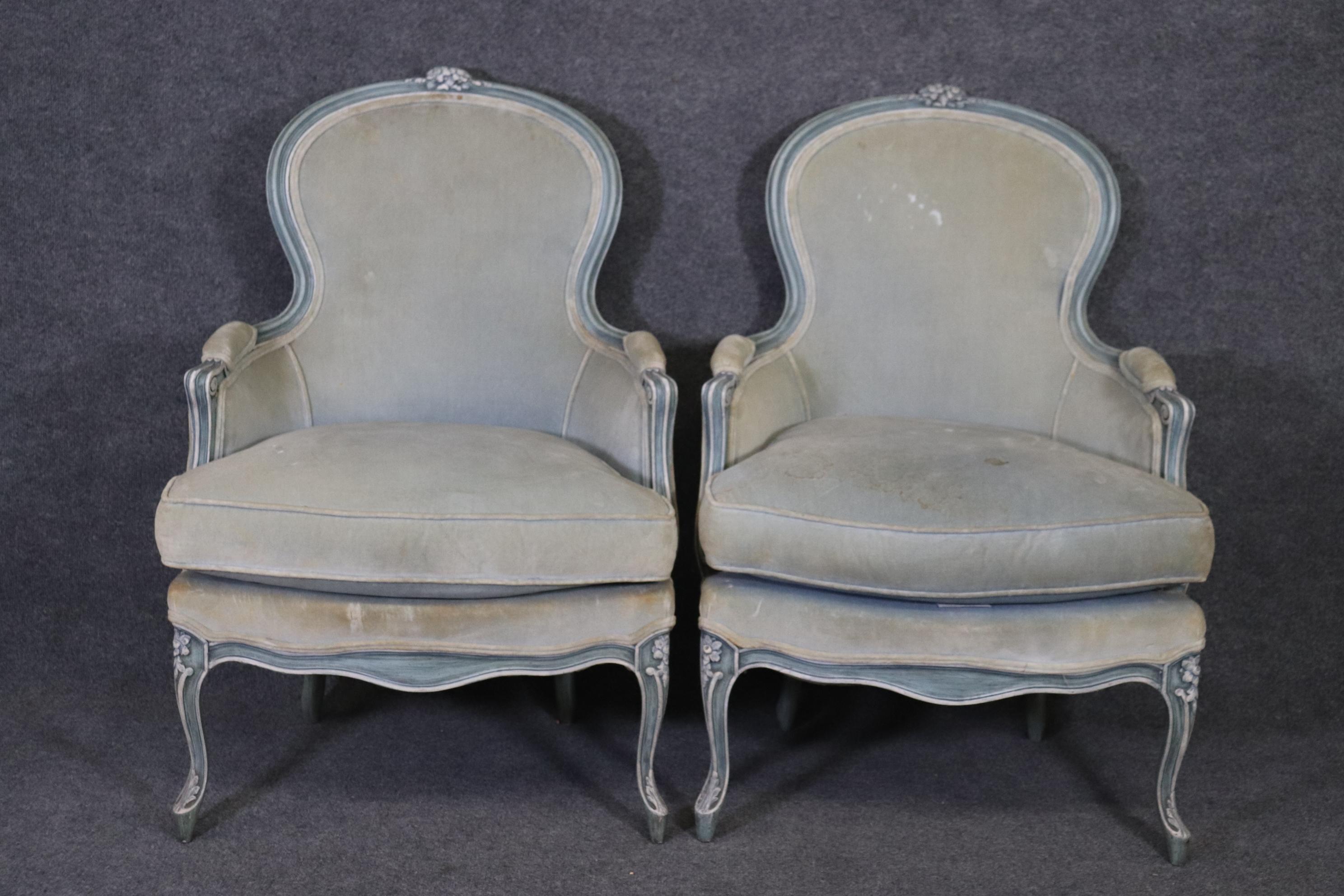 Mid-20th Century Pair Blue and White Antique Pair Balloon Back French Louis XV Bergere Chairs