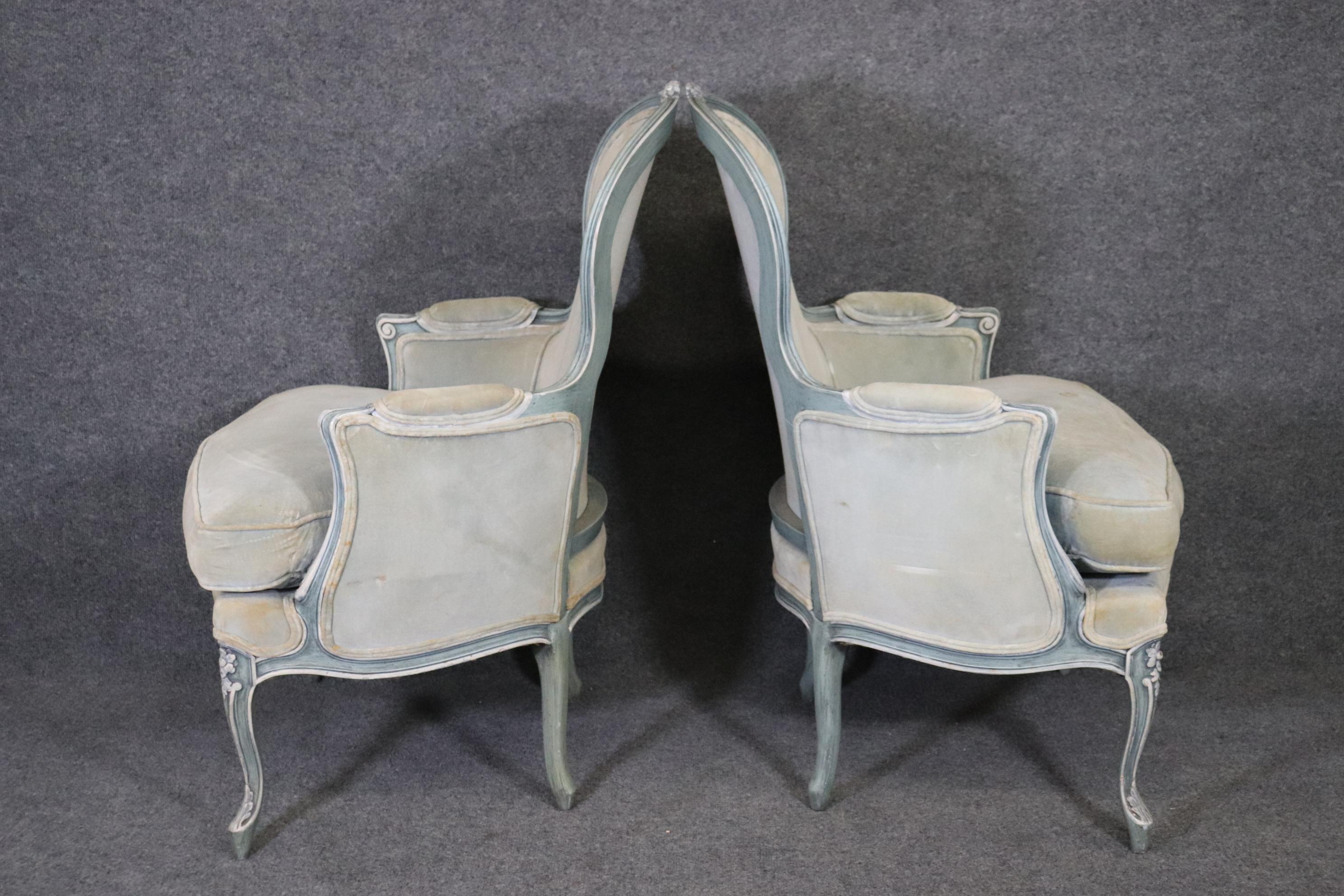 Walnut Pair Blue and White Antique Pair Balloon Back French Louis XV Bergere Chairs