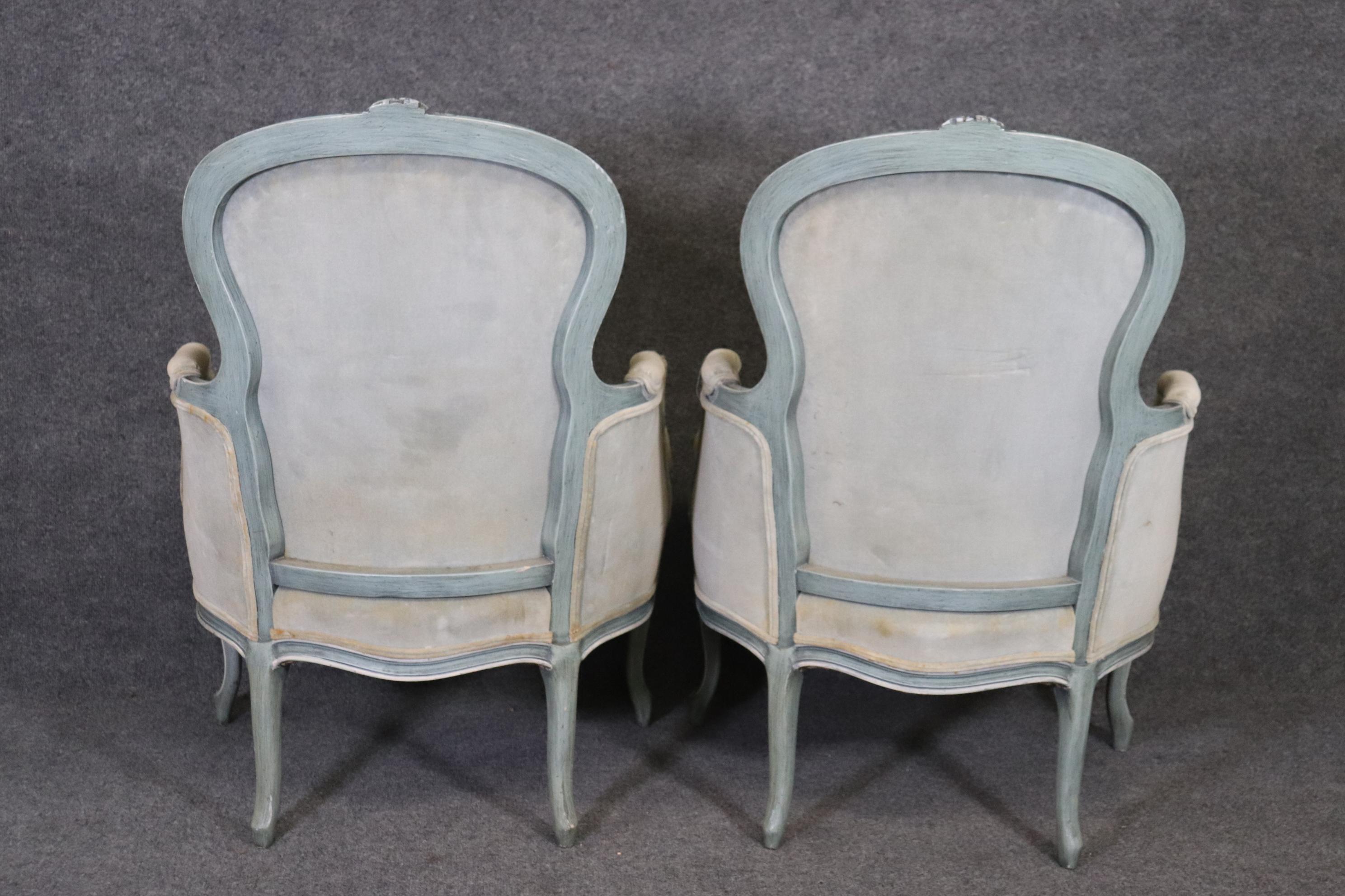 Pair Blue and White Antique Pair Balloon Back French Louis XV Bergere Chairs 1