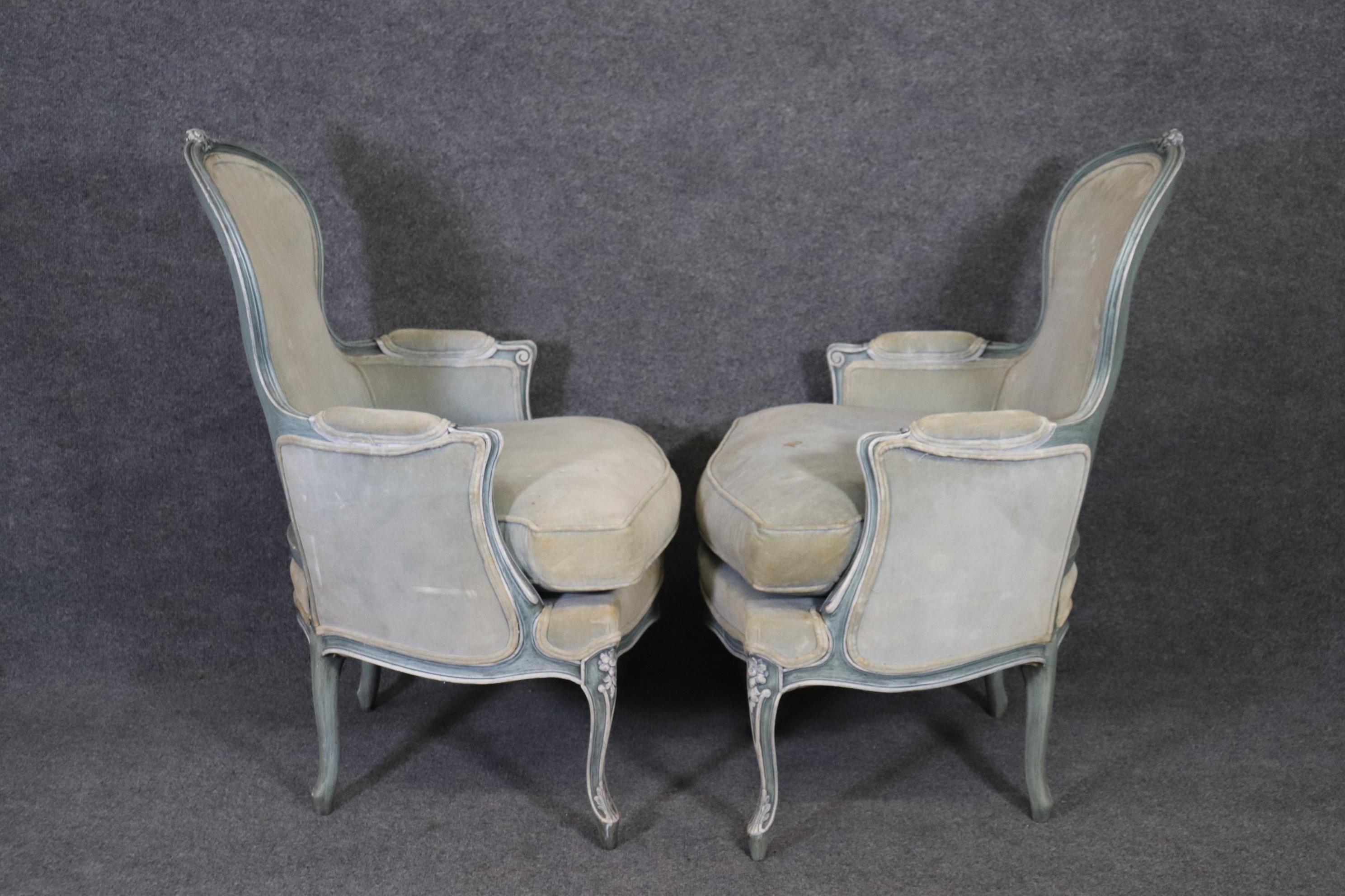 Pair Blue and White Antique Pair Balloon Back French Louis XV Bergere Chairs 2
