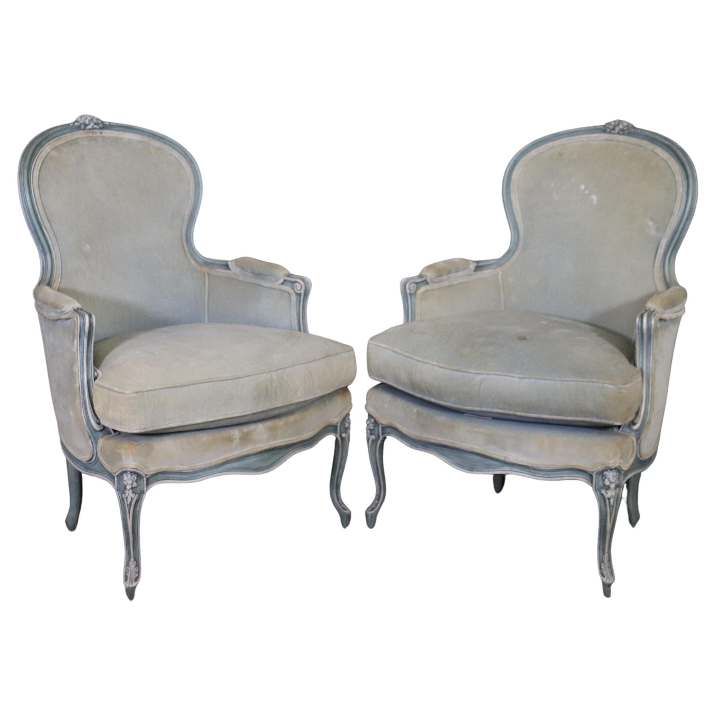 Pair Blue and White Antique Pair Balloon Back French Louis XV Bergere Chairs