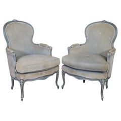 Pair Blue and White Antique Pair Balloon Back French Louis XV Bergere Chairs