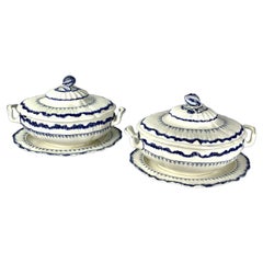 Pair Blue and White Antique Wedgwood Soup Tureens Mared Pattern Circa 1840