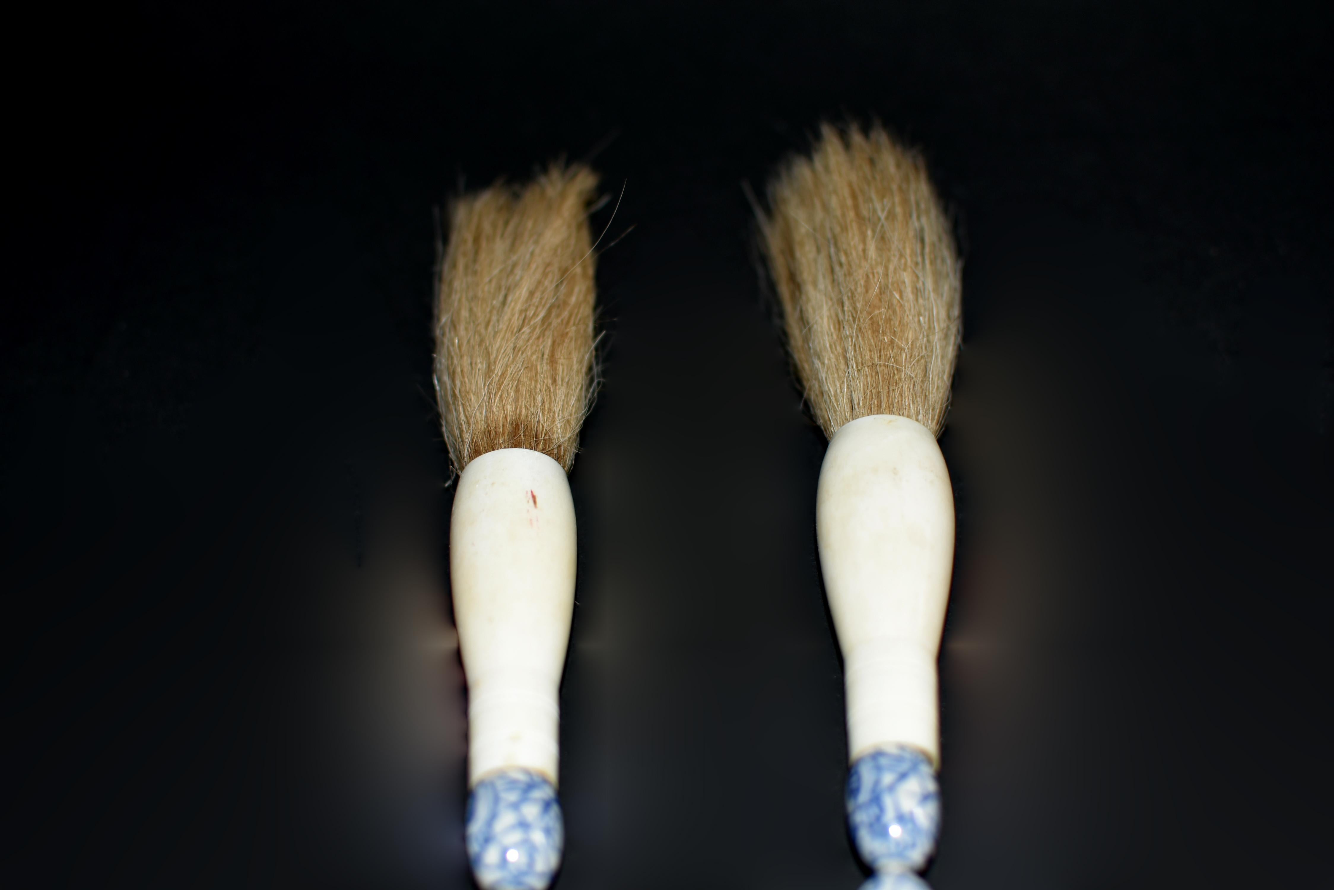 Pair Blue and White Calligraphy Brushes For Sale 3