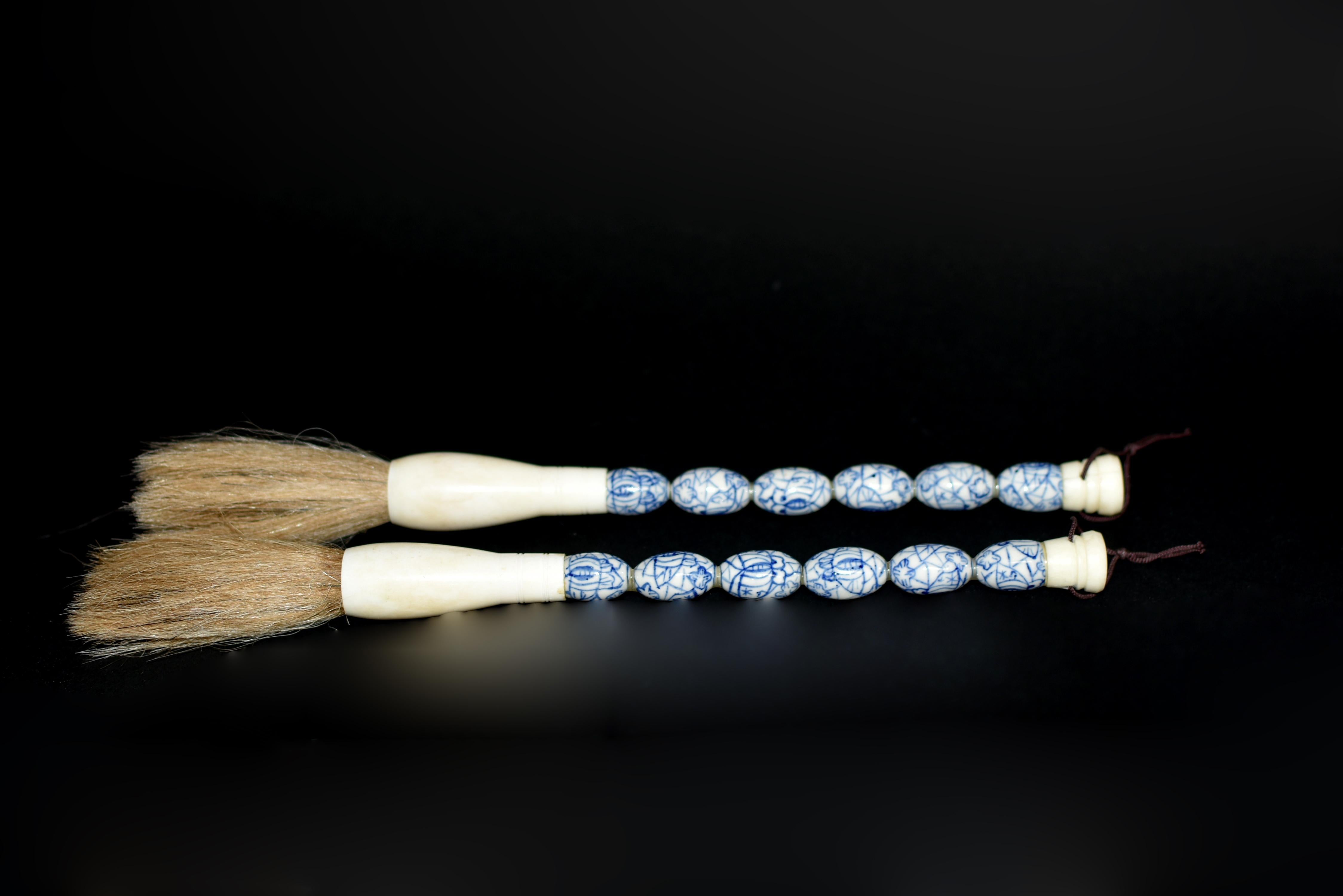 Bone Pair Blue and White Calligraphy Brushes For Sale