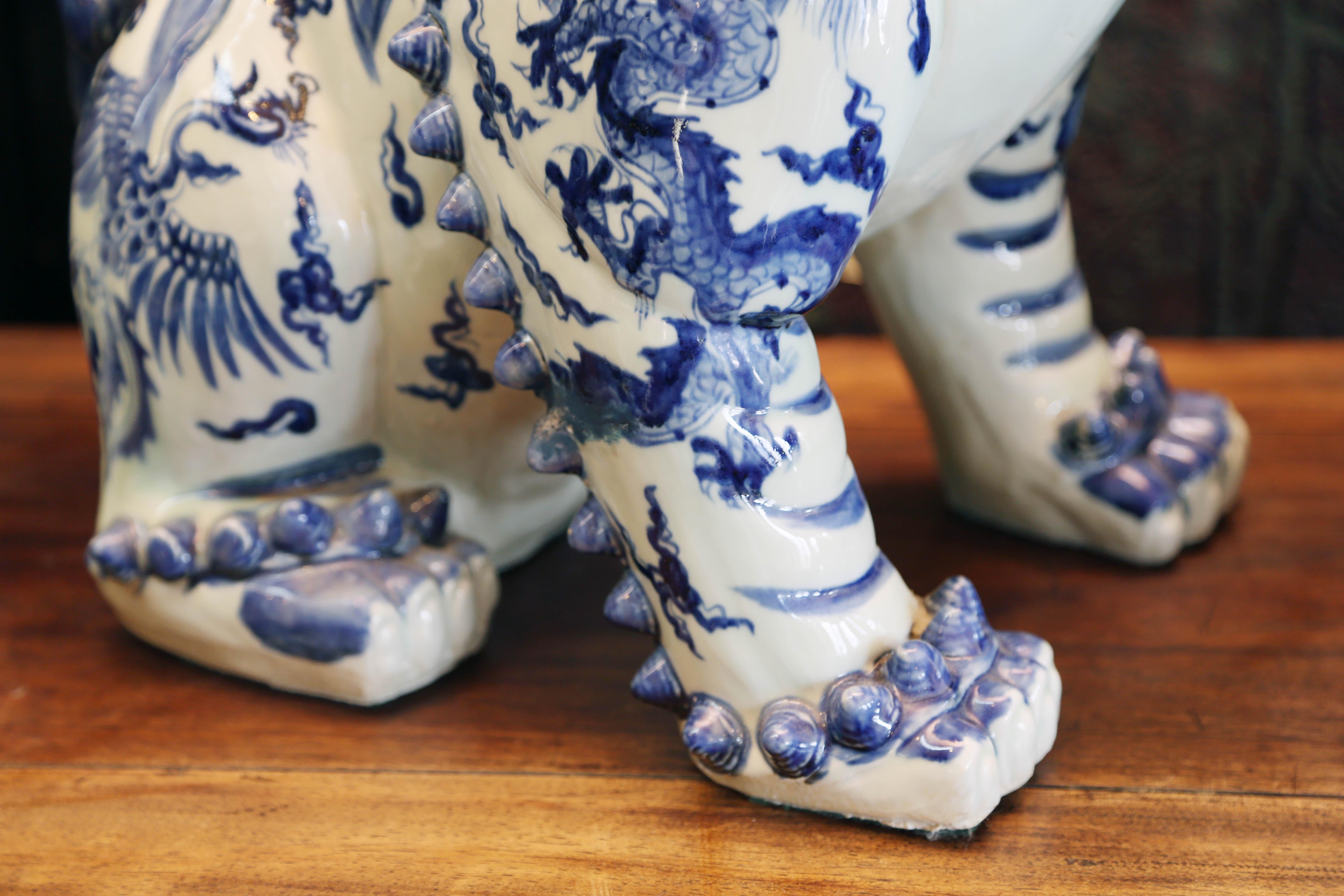 Contemporary Pair Blue and White Chinese Foo Dogs Hand-Painted, Private Chinese Collection For Sale