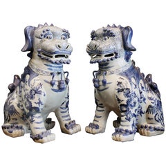 Pair Blue and White Chinese Foo Dogs Hand-Painted, Private Chinese Collection