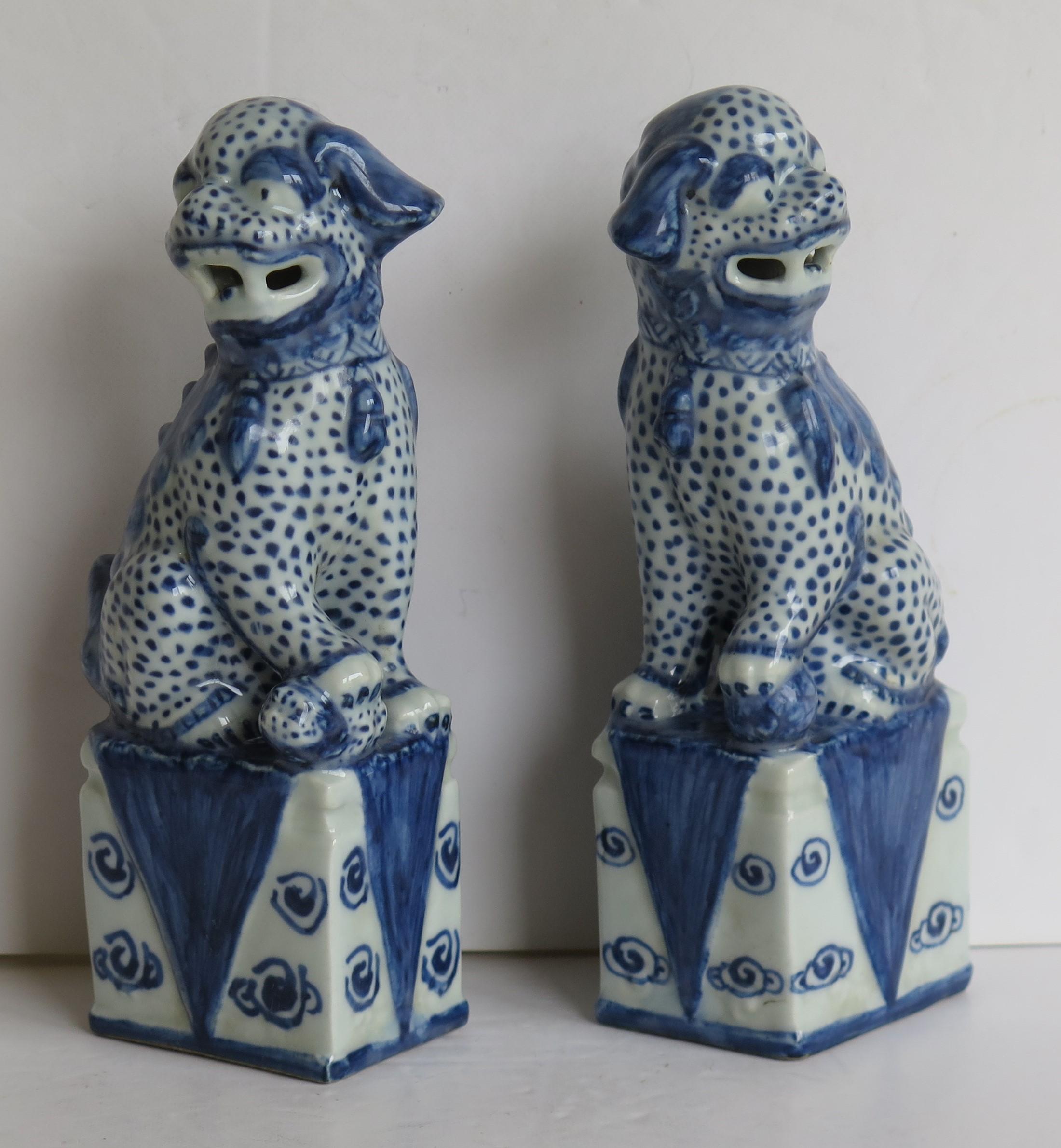 These are a very good pair of Chinese Export, blue and white porcelain foo or lion dogs, sometimes called temple lions.

They are a male and female pair, sitting on rectangular plinths, one with a puppy under one paw and the other one with a