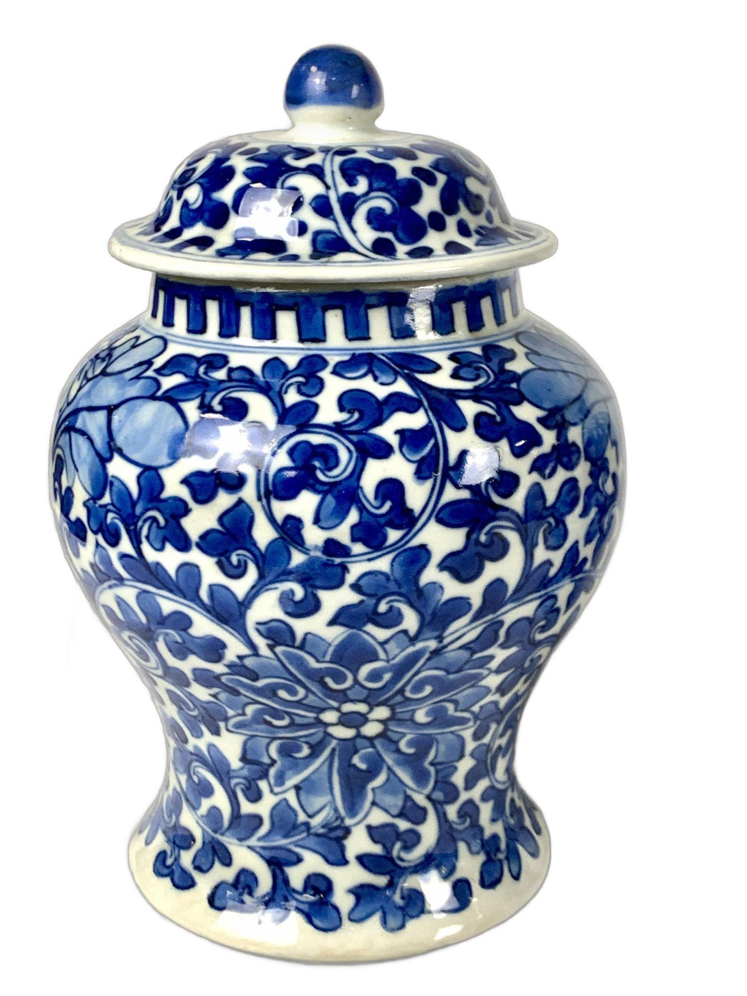 Hand-Painted Pair Blue and White Chinese Jars Qing Dynasty Circa 1875 For Sale