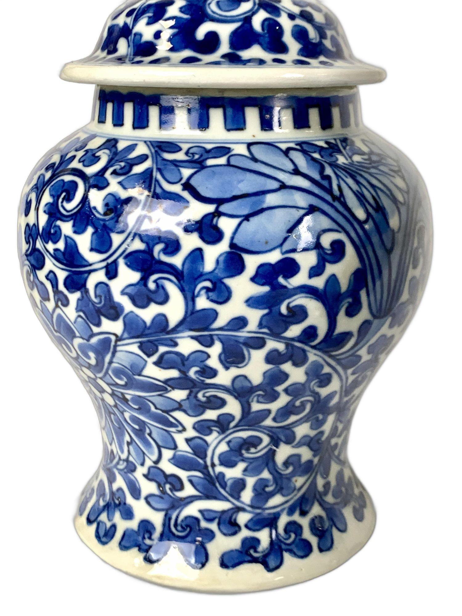 19th Century Pair Blue and White Chinese Jars Qing Dynasty Circa 1875 For Sale