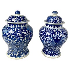 Antique Pair Blue and White Chinese Jars Qing Dynasty Circa 1875