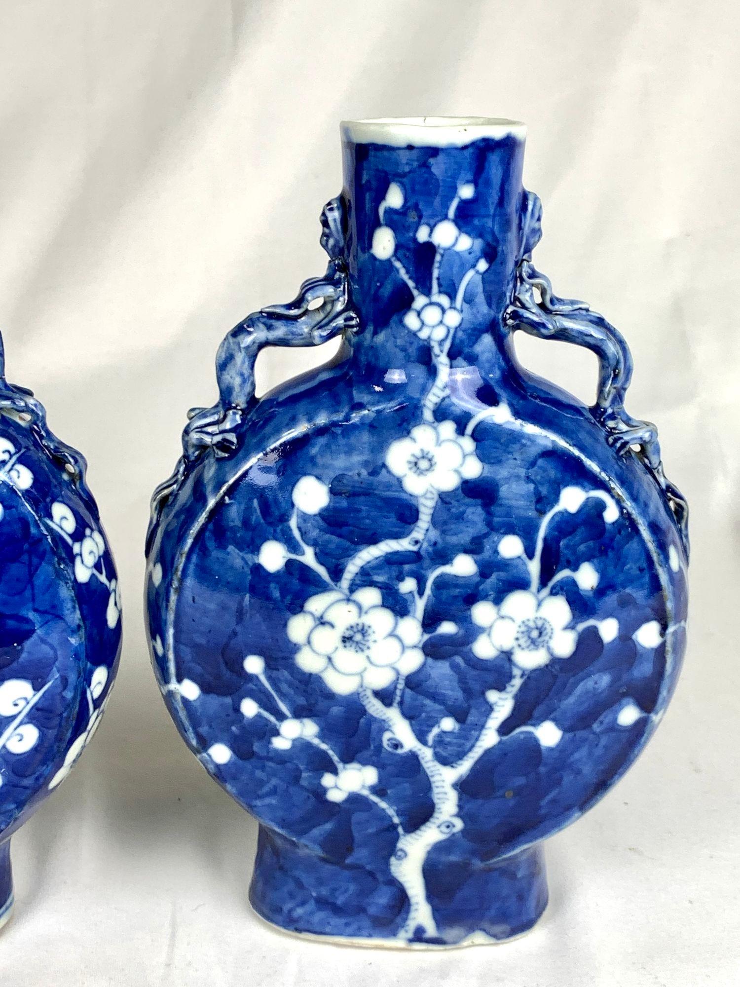 Hand-Painted Pair Blue and White Chinese Porcelain Moon Flasks Qing Dynasty Circa 1880