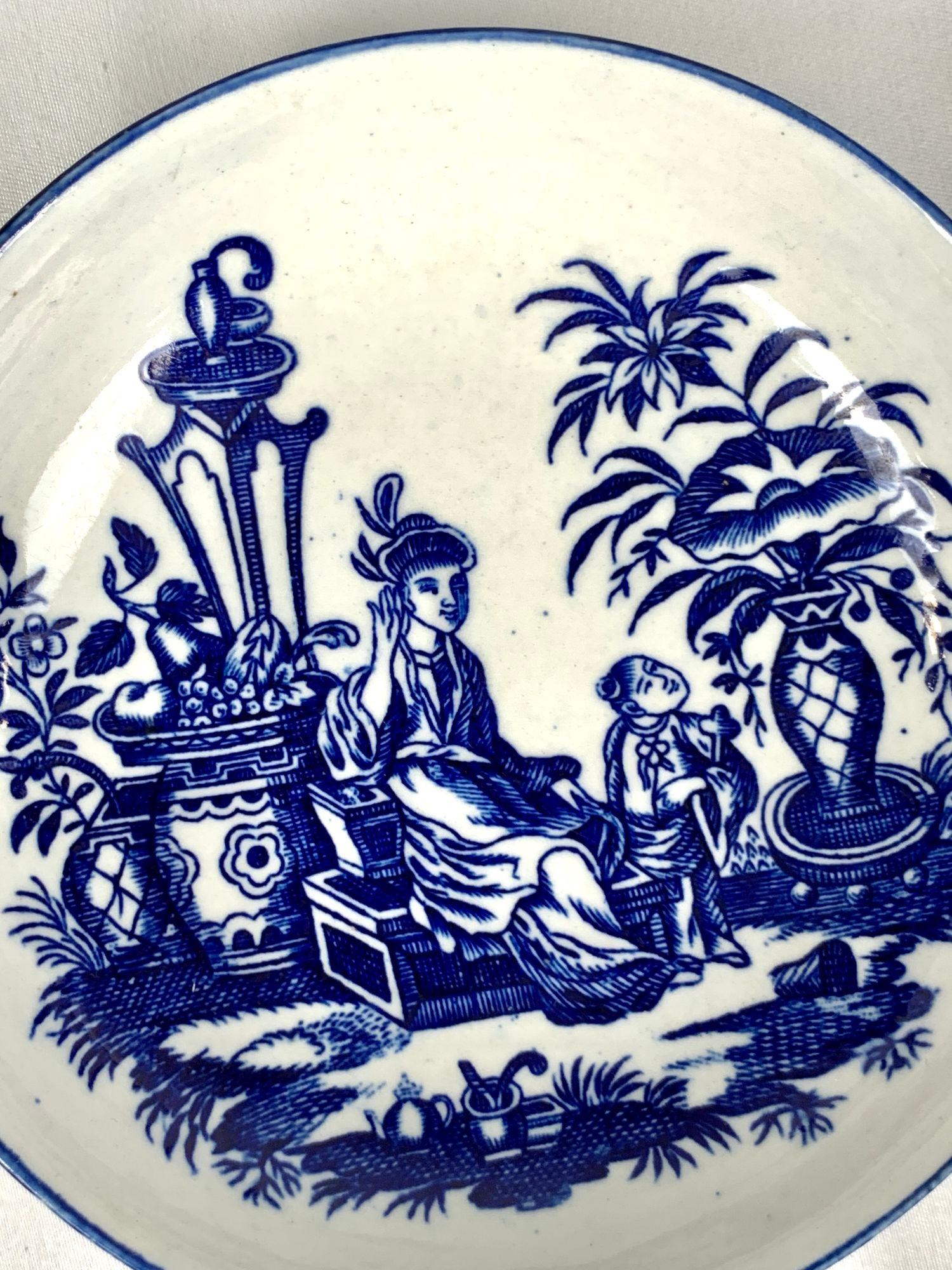 Pair Antique Porcelain Saucers Blue and White Chinoiserie 18th Century England For Sale 1