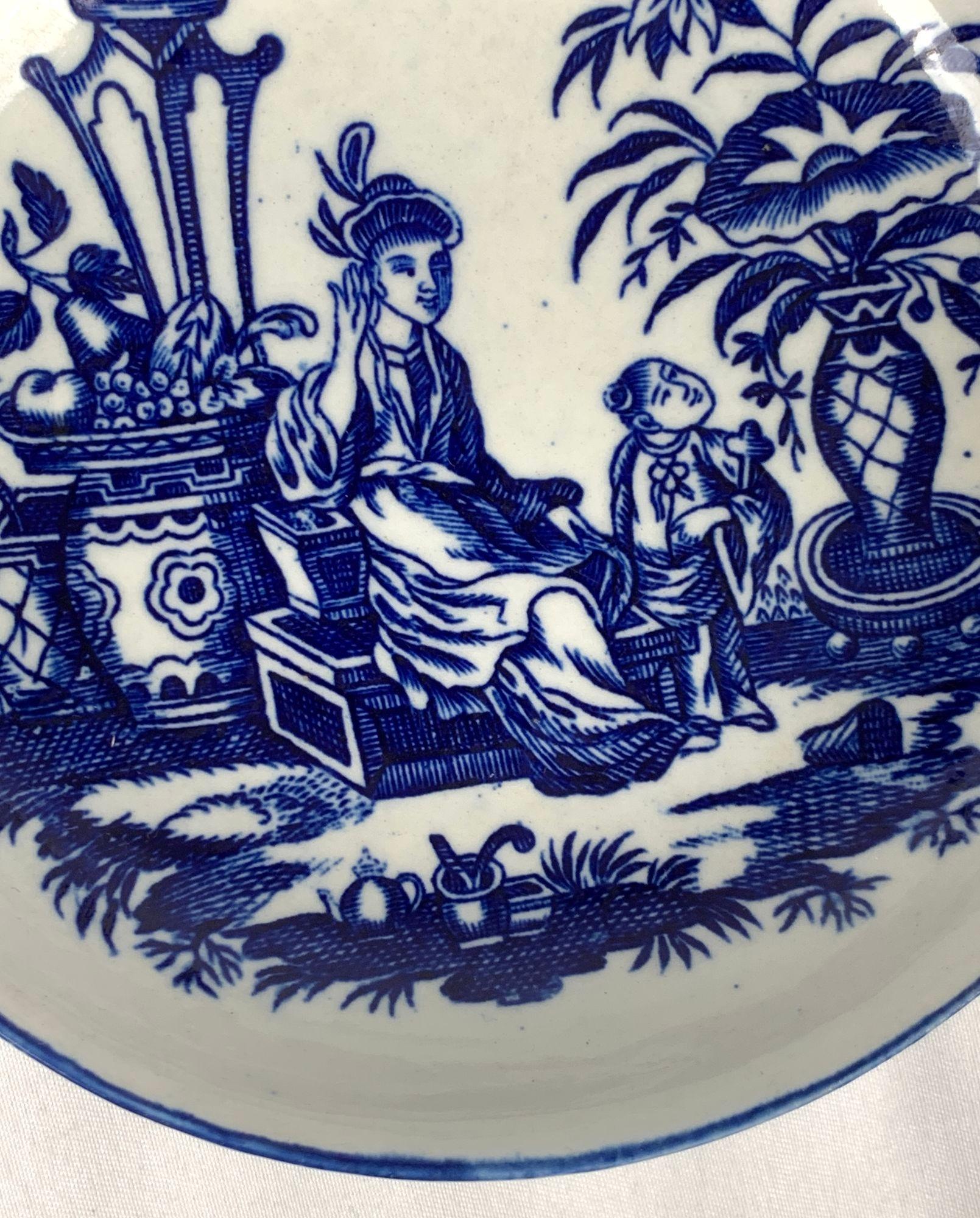 Pair Blue and White Chinoiserie Porcelain Saucers 18th Century England Ca-1785 For Sale 4