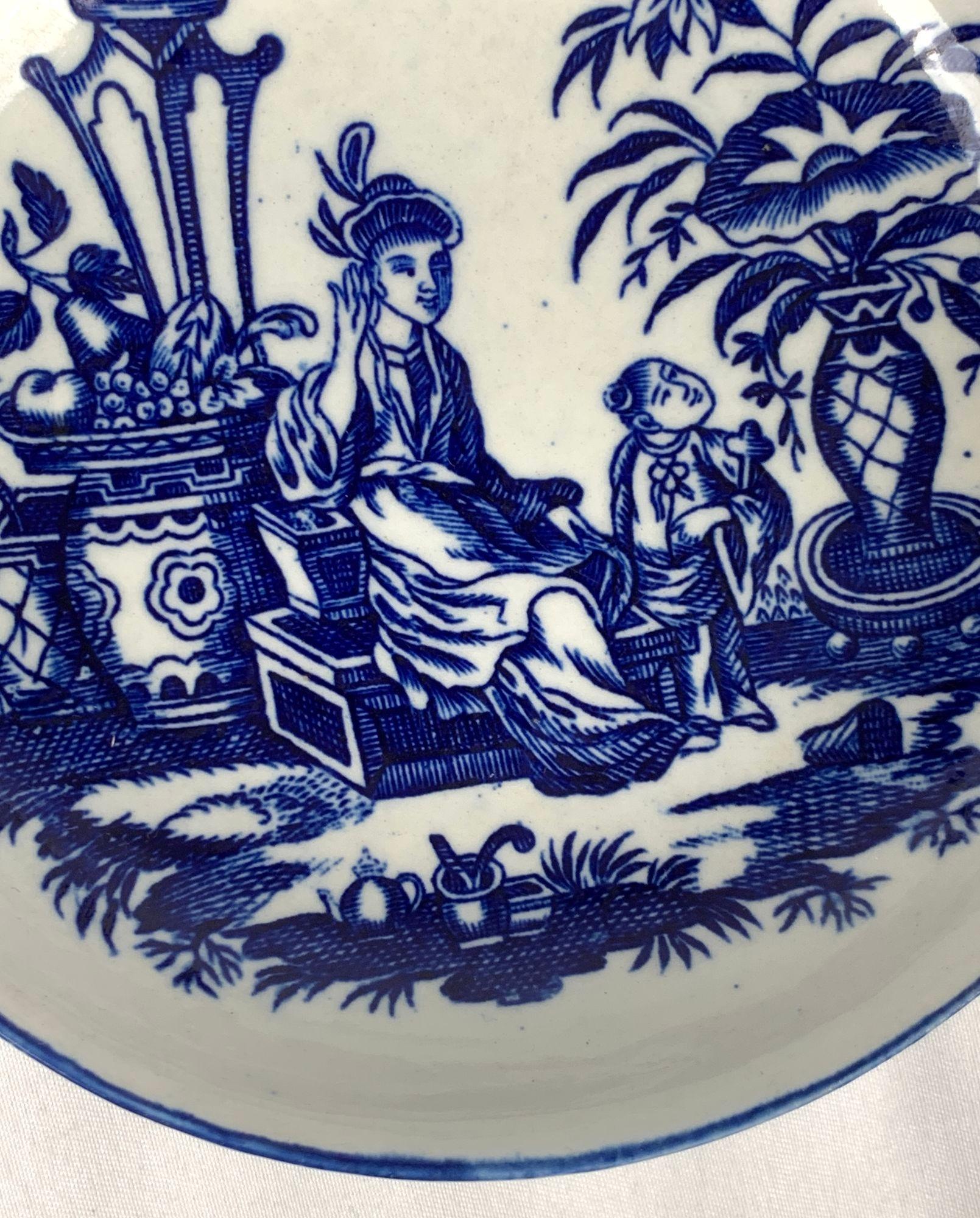 Pair Antique Porcelain Saucers Blue and White Chinoiserie 18th Century England For Sale 4