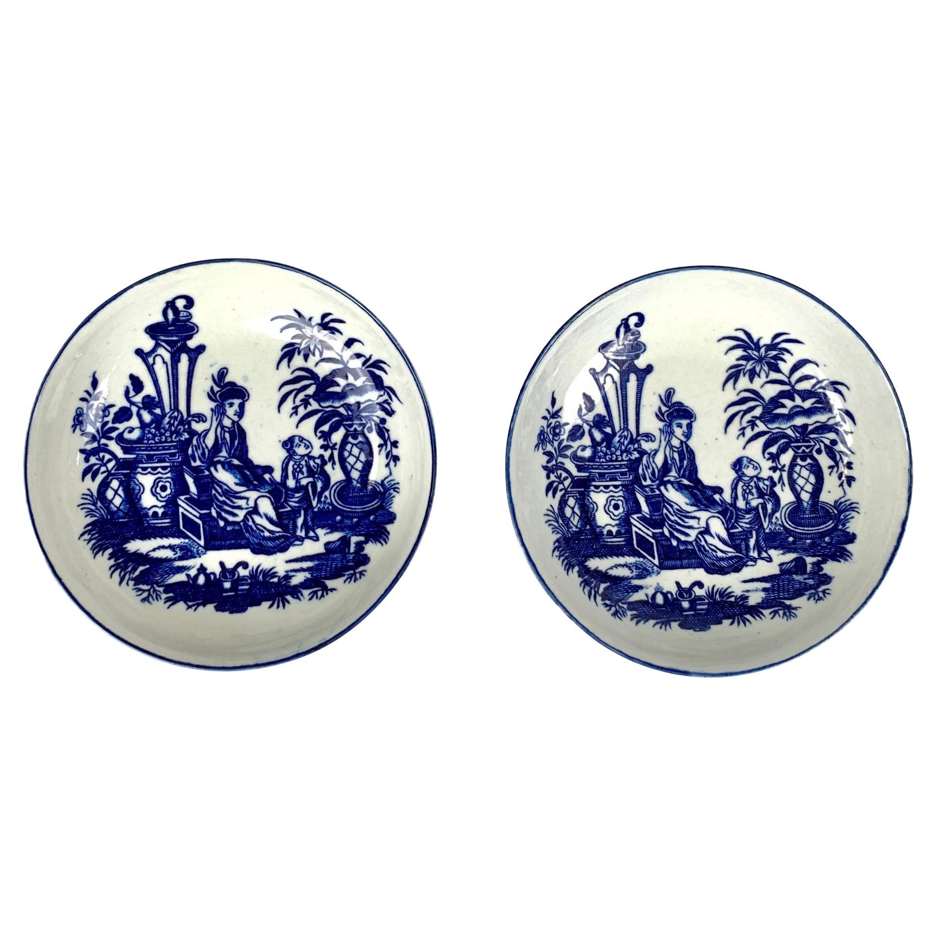 Pair Blue and White Chinoiserie Porcelain Saucers 18th Century England Ca-1785 For Sale