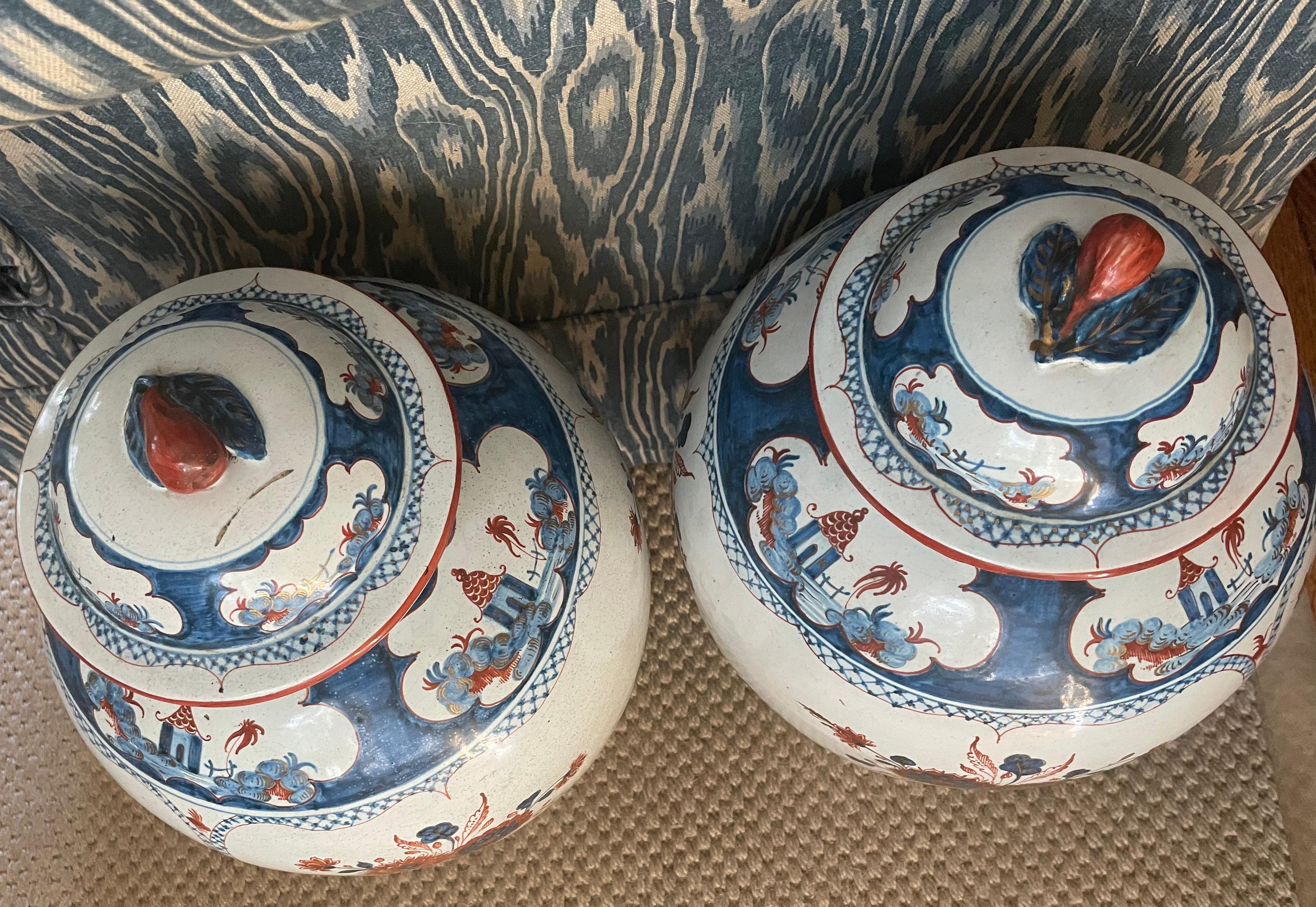 Hand-Crafted Pair Blue and White Chinoserie Faiance Vases.  For Sale