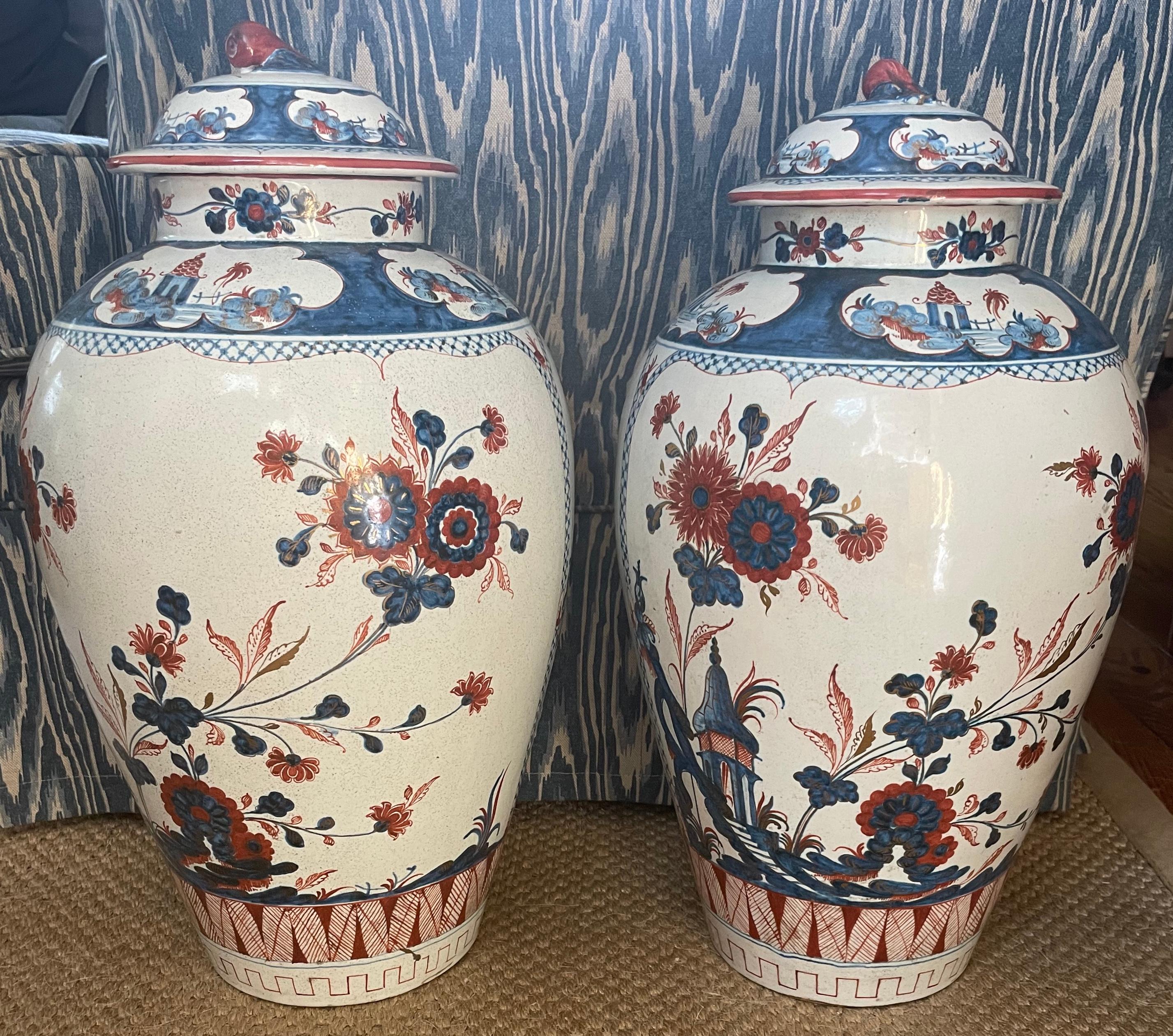 19th Century Pair Blue and White Chinoserie Faiance Vases.  For Sale