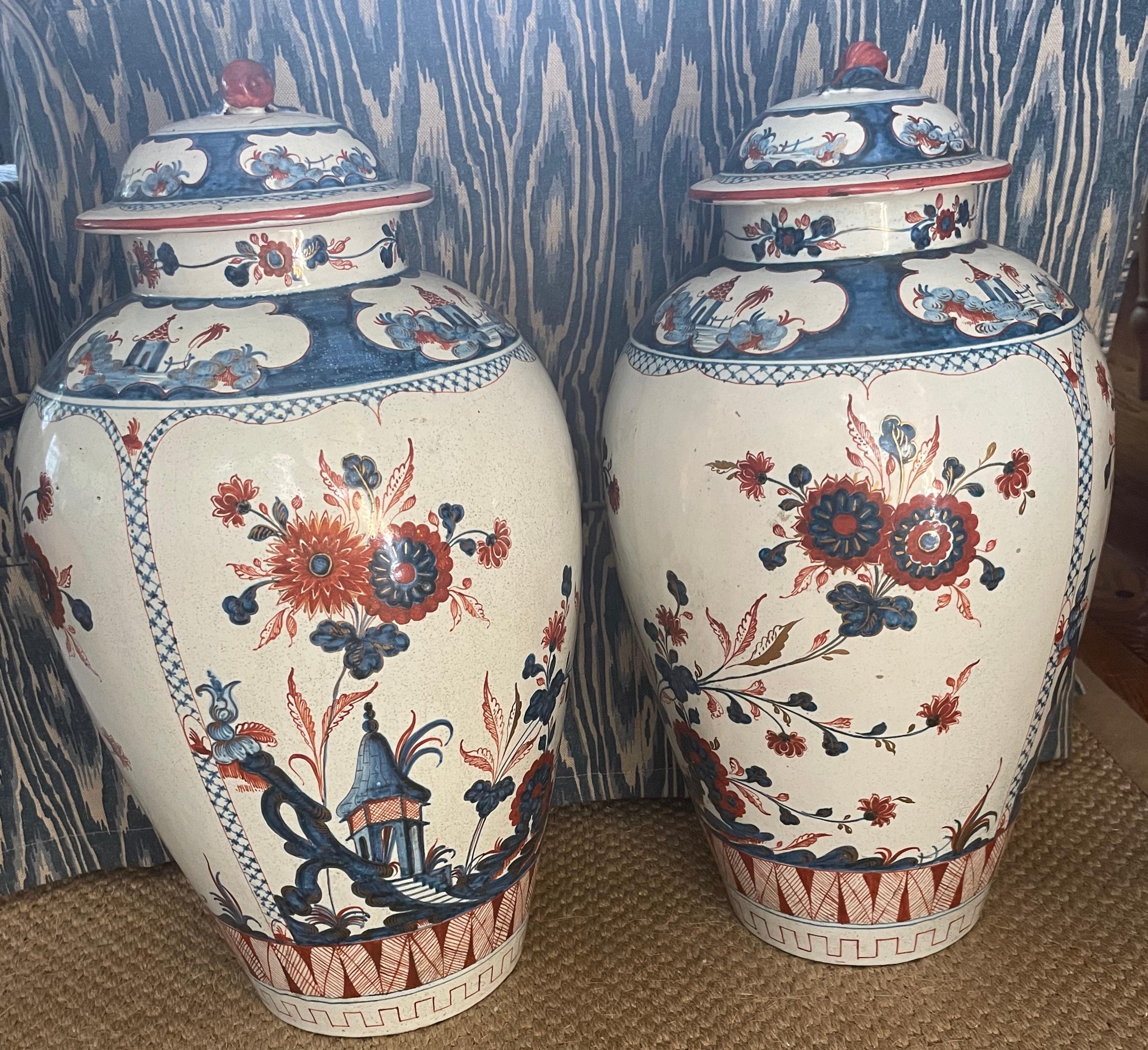 Faience Pair Blue and White Chinoserie Faiance Vases.  For Sale