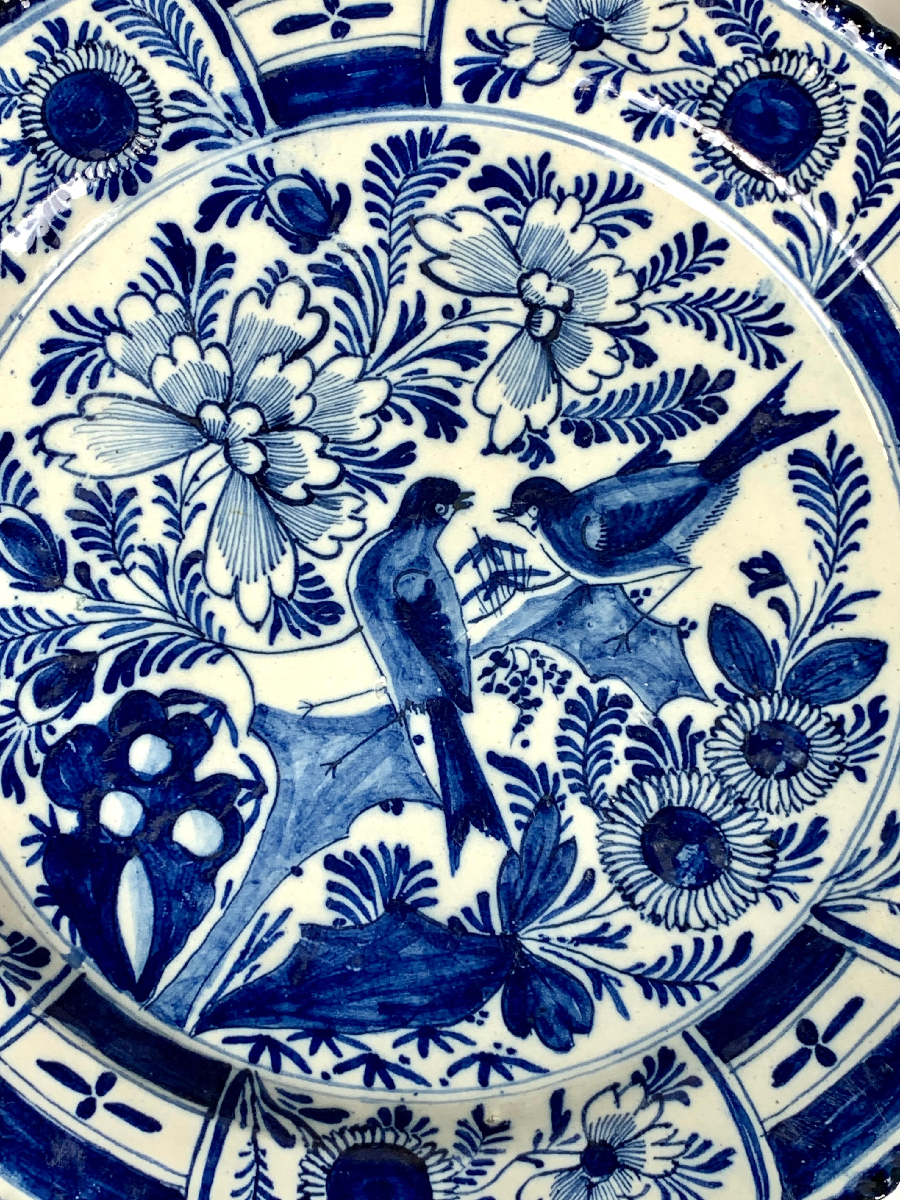 Rococo Pair Blue and White Delft Chargers Hand Painted with Birds Netherlands Ca-1780