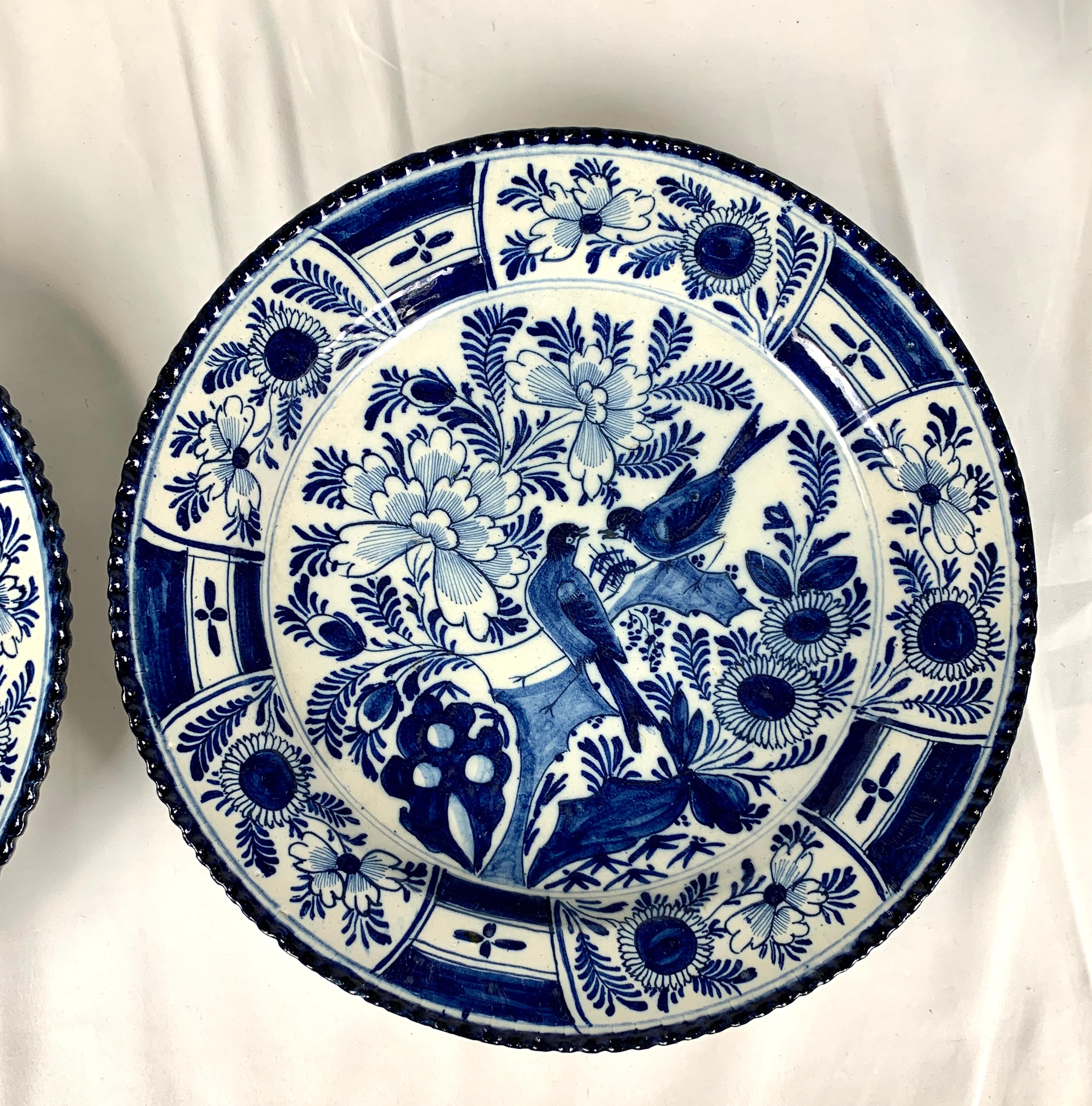 18th Century Pair Blue and White Delft Chargers Hand Painted with Birds Netherlands Ca-1780