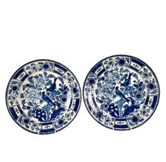 Pair Blue and White Delft Chargers Hand Painted with Birds Netherlands Ca-1780