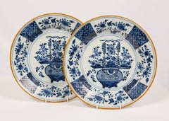 Pair of Blue and White Delft Chargers Showing a Flower Filled Vase circa 1780