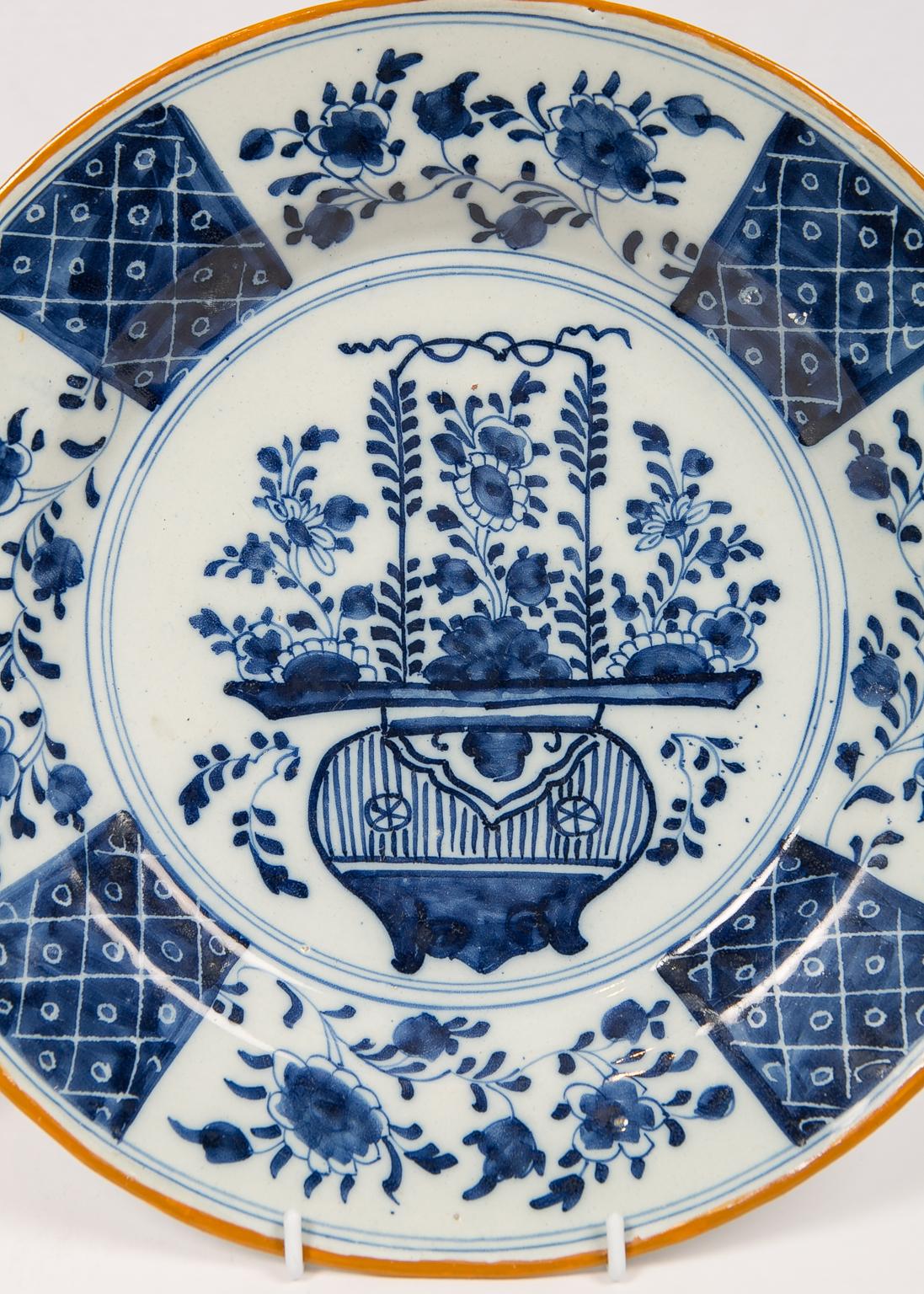 Dutch Pair of Blue and White Delft Chargers Showing a Flower Filled Vase circa 1780