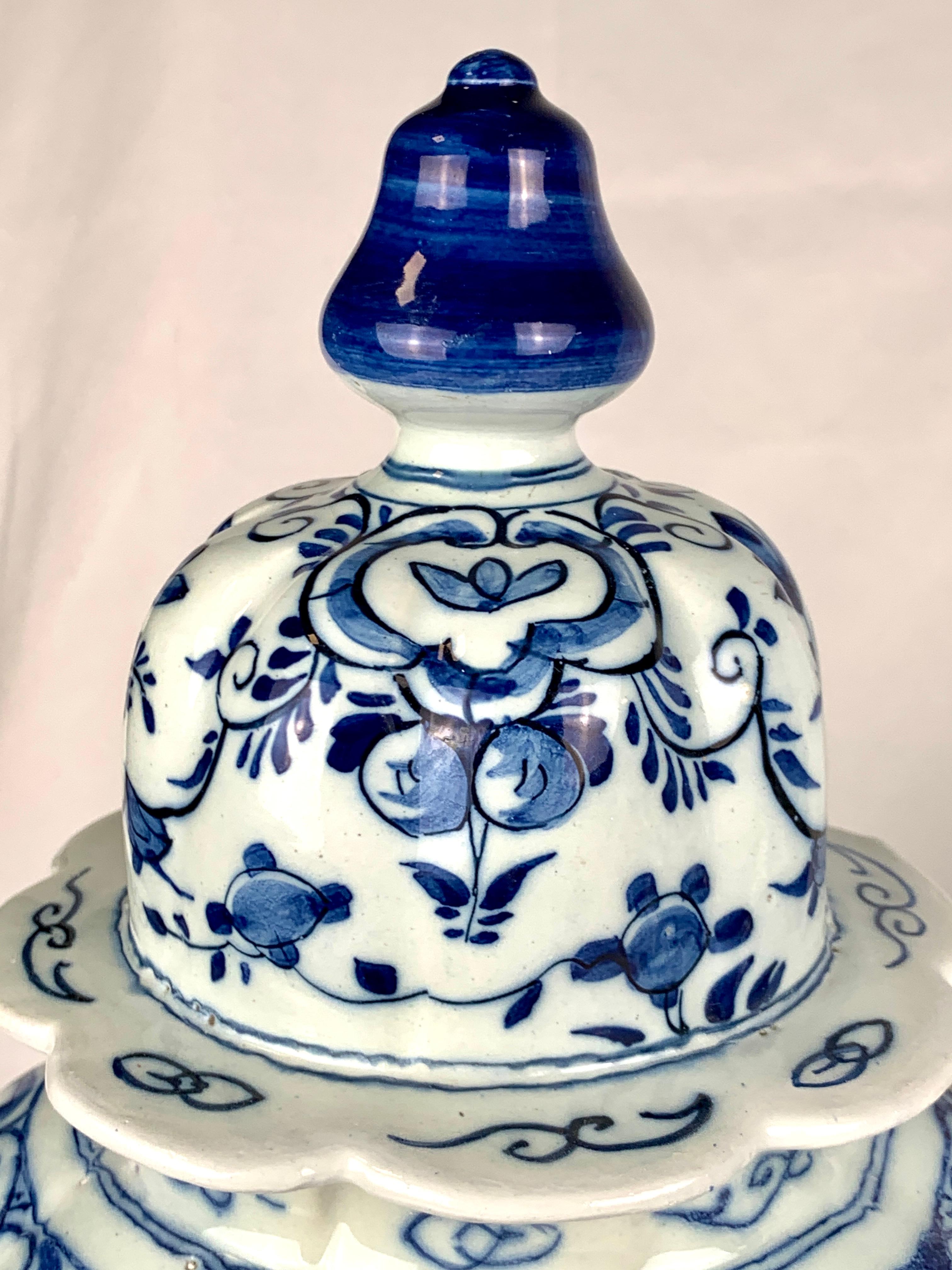 Pair Blue and White Delft Jars Hand Painted 18th Century Netherlands, Circa 1780 2