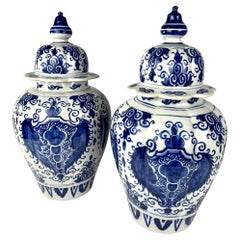 Pair Blue and White Delft Jars Hand-Painted 18th Century Netherlands circa 1780