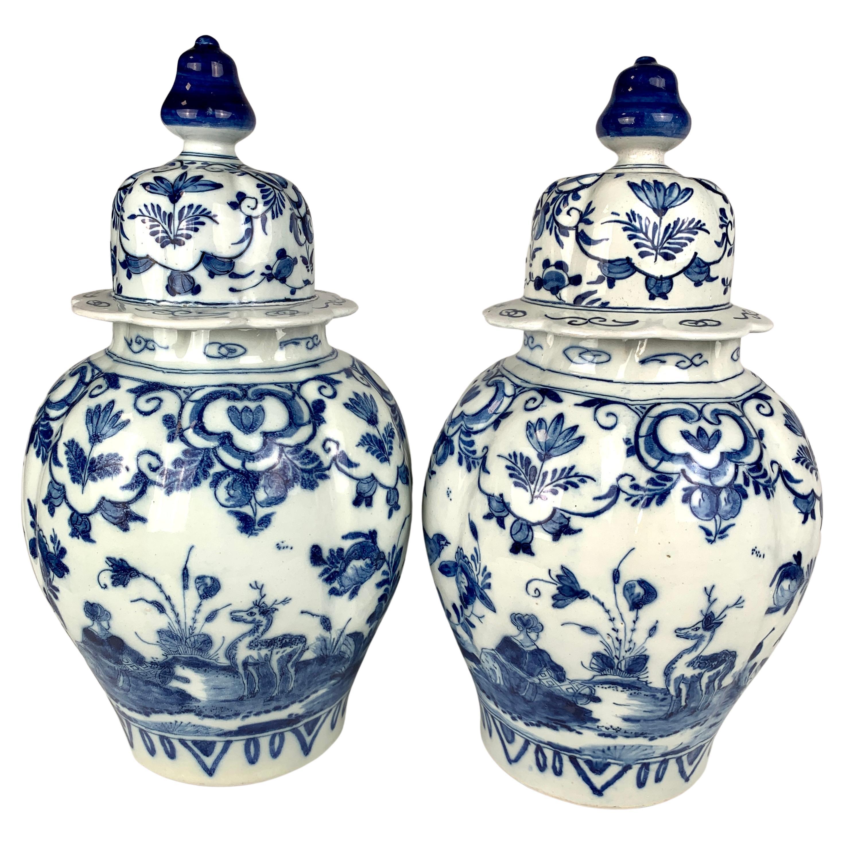 Pair Blue and White Delft Jars Hand Painted 18th Century Netherlands, Circa 1780