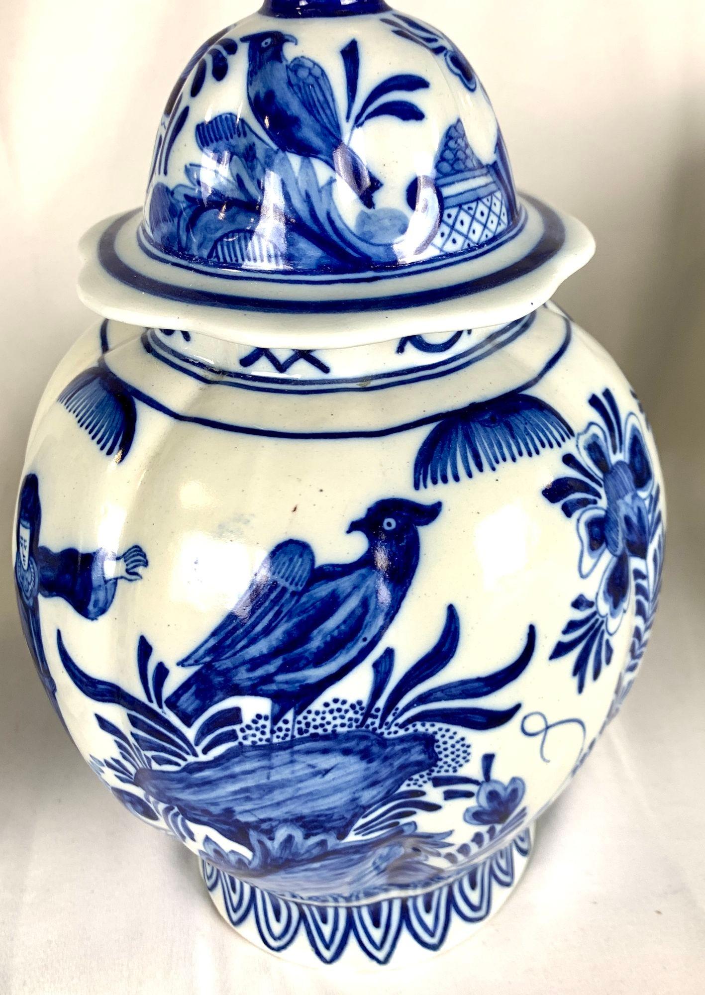 Hand-Painted Pair Blue and White Delft Jars Netherlands Hand Painted For Sale