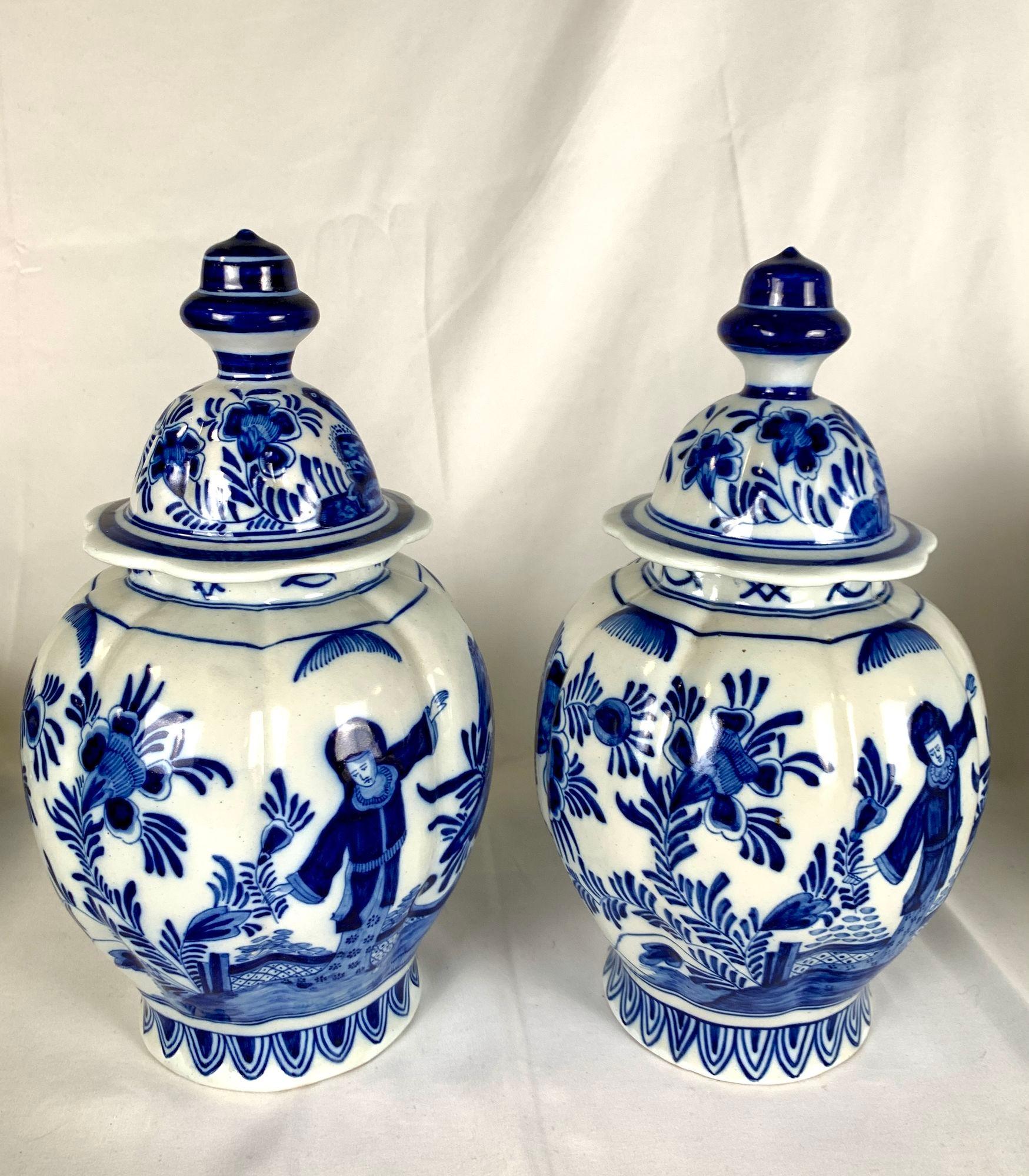 Pair Blue and White Delft Jars Netherlands Hand Painted In Excellent Condition For Sale In Katonah, NY