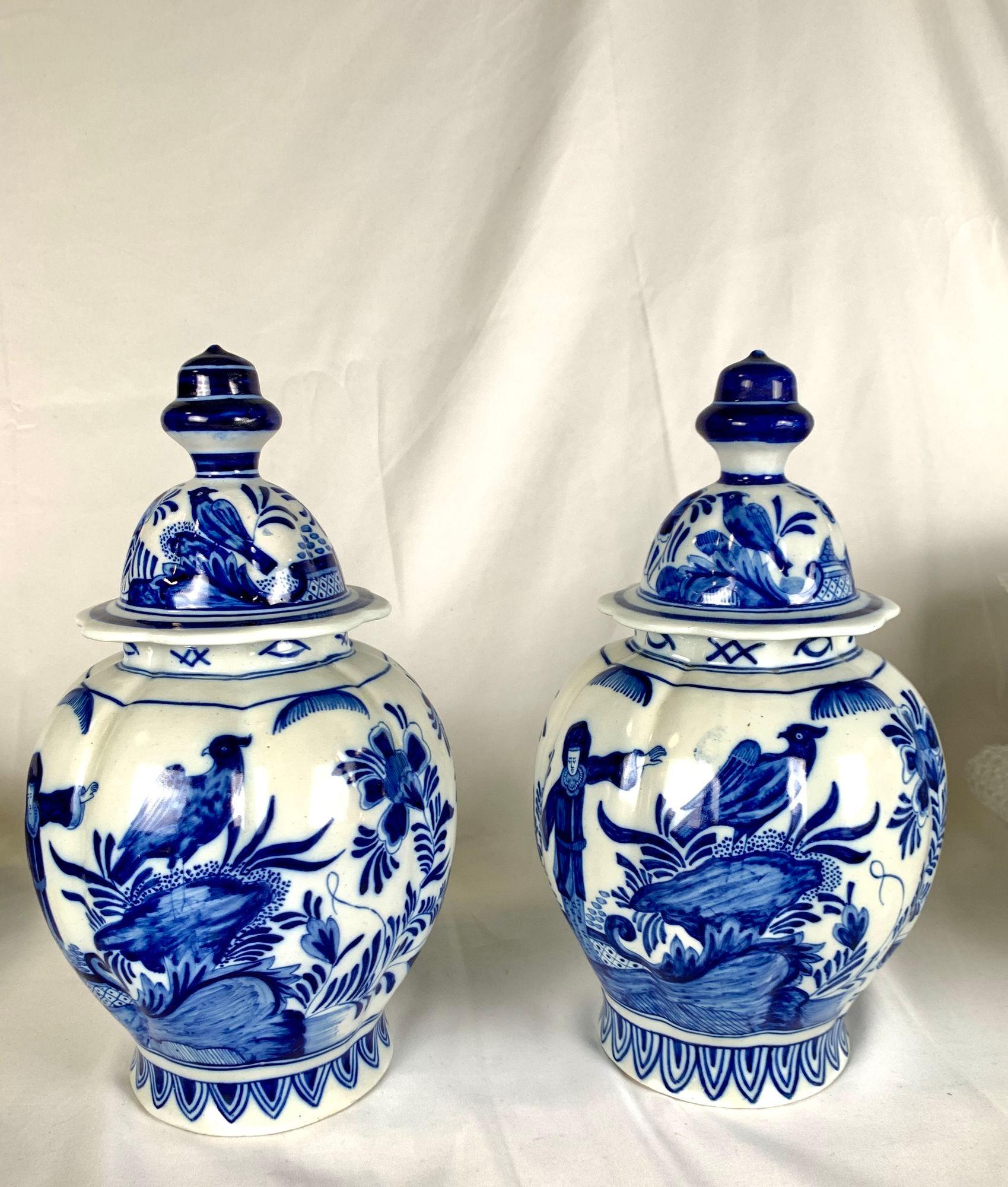 20th Century Pair Blue and White Delft Jars Netherlands Hand Painted For Sale
