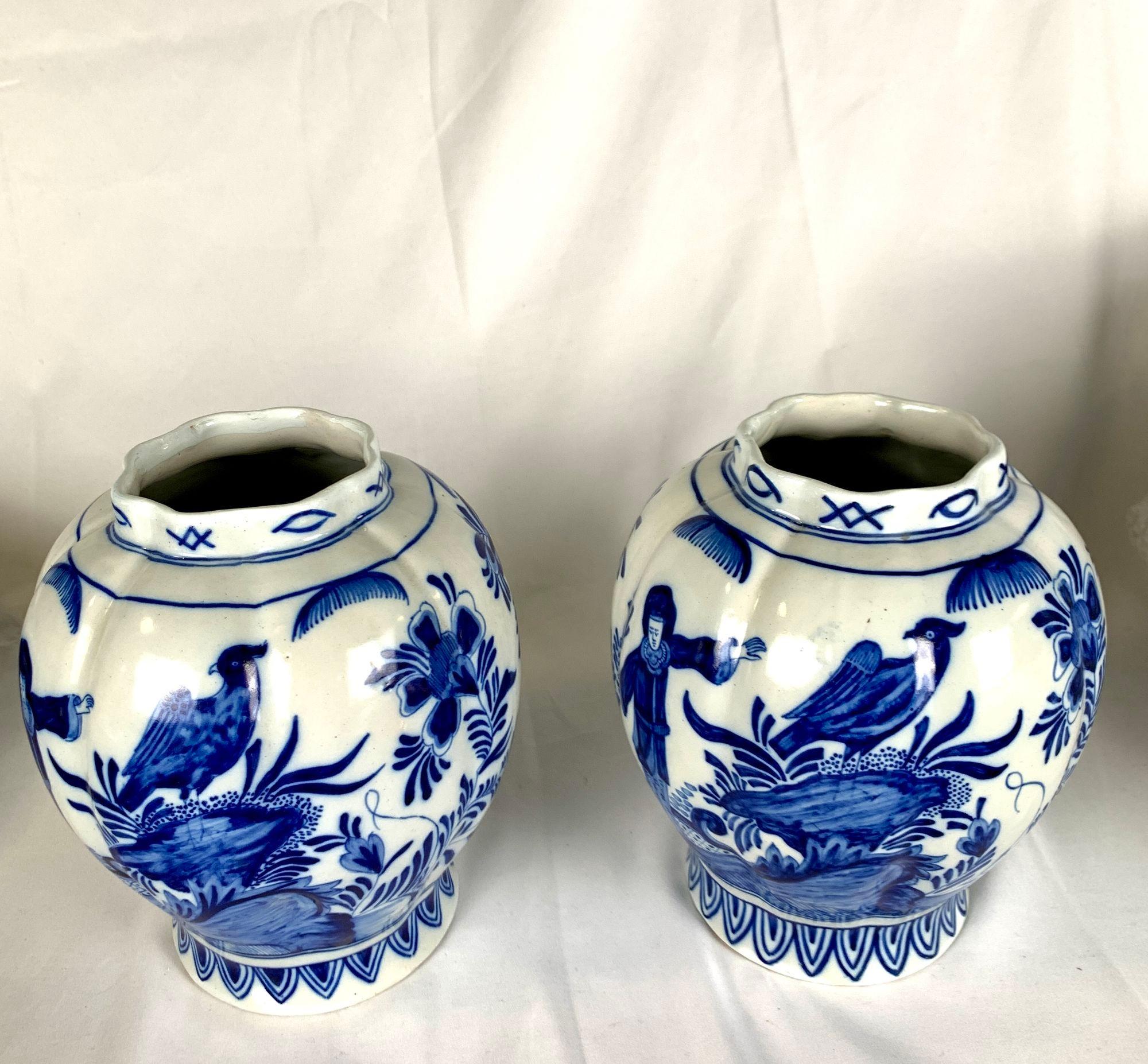 Pair Blue and White Delft Jars Netherlands Hand Painted For Sale 1
