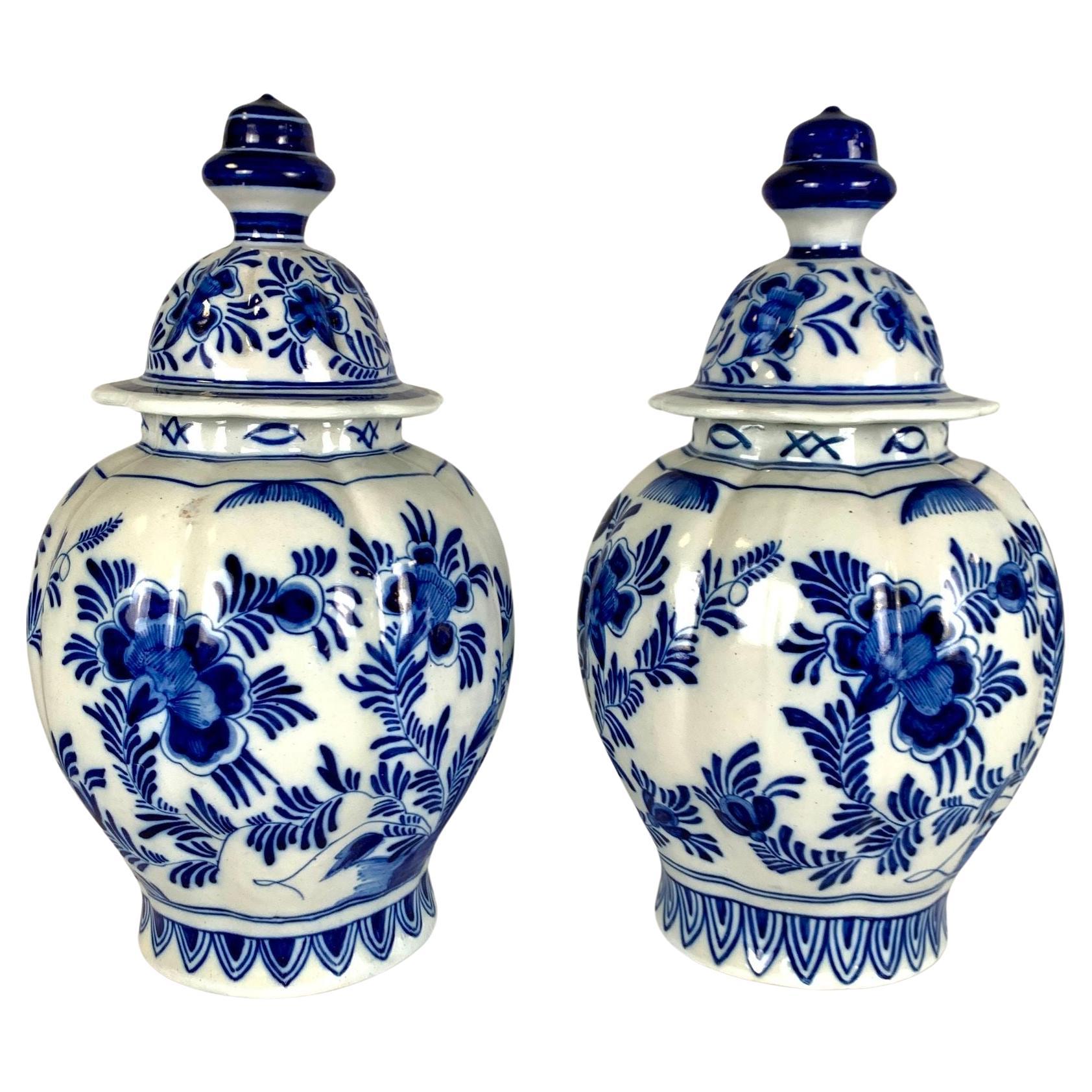 Pair Blue and White Delft Jars Netherlands Hand Painted For Sale