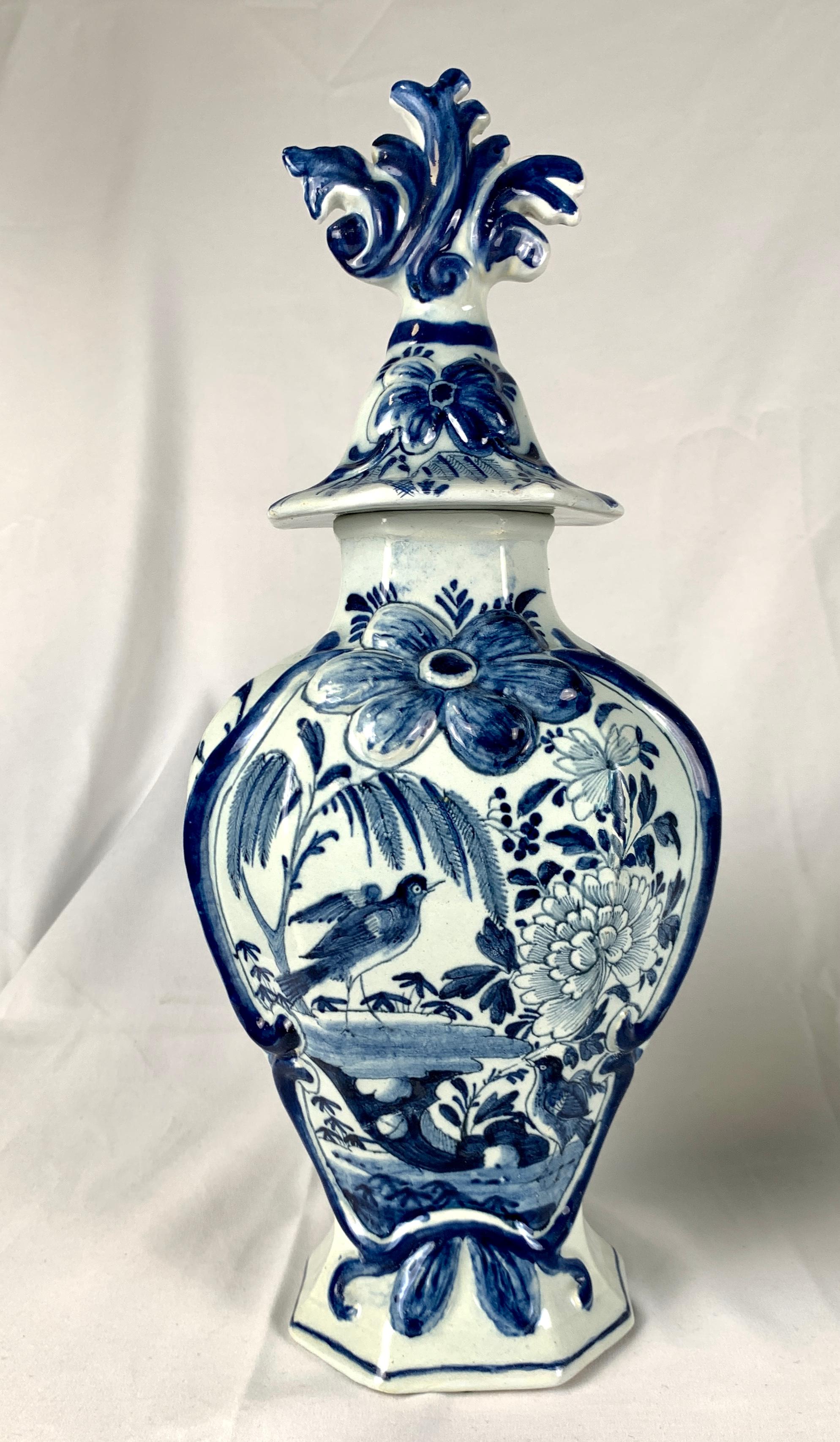 Rococo Pair Blue and White Delft Mantle Jars Hand Painted 18th Century Netherlands
