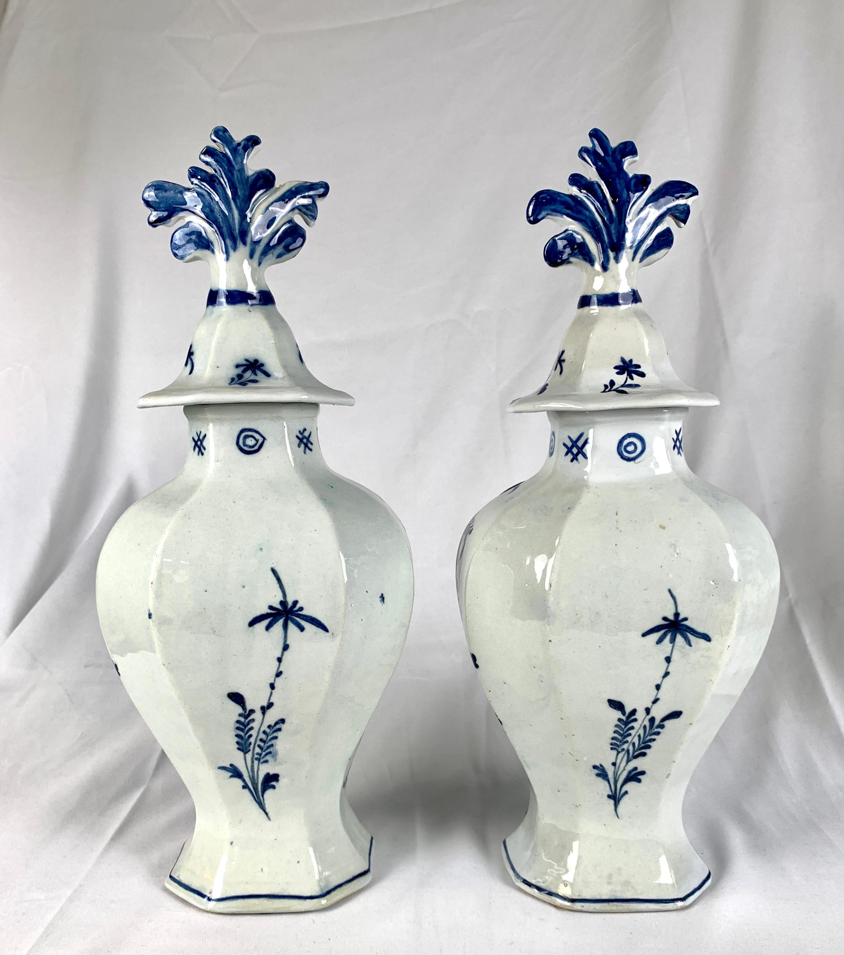 Hand-Painted Pair Blue and White Delft Mantle Jars Hand Painted 18th Century Netherlands
