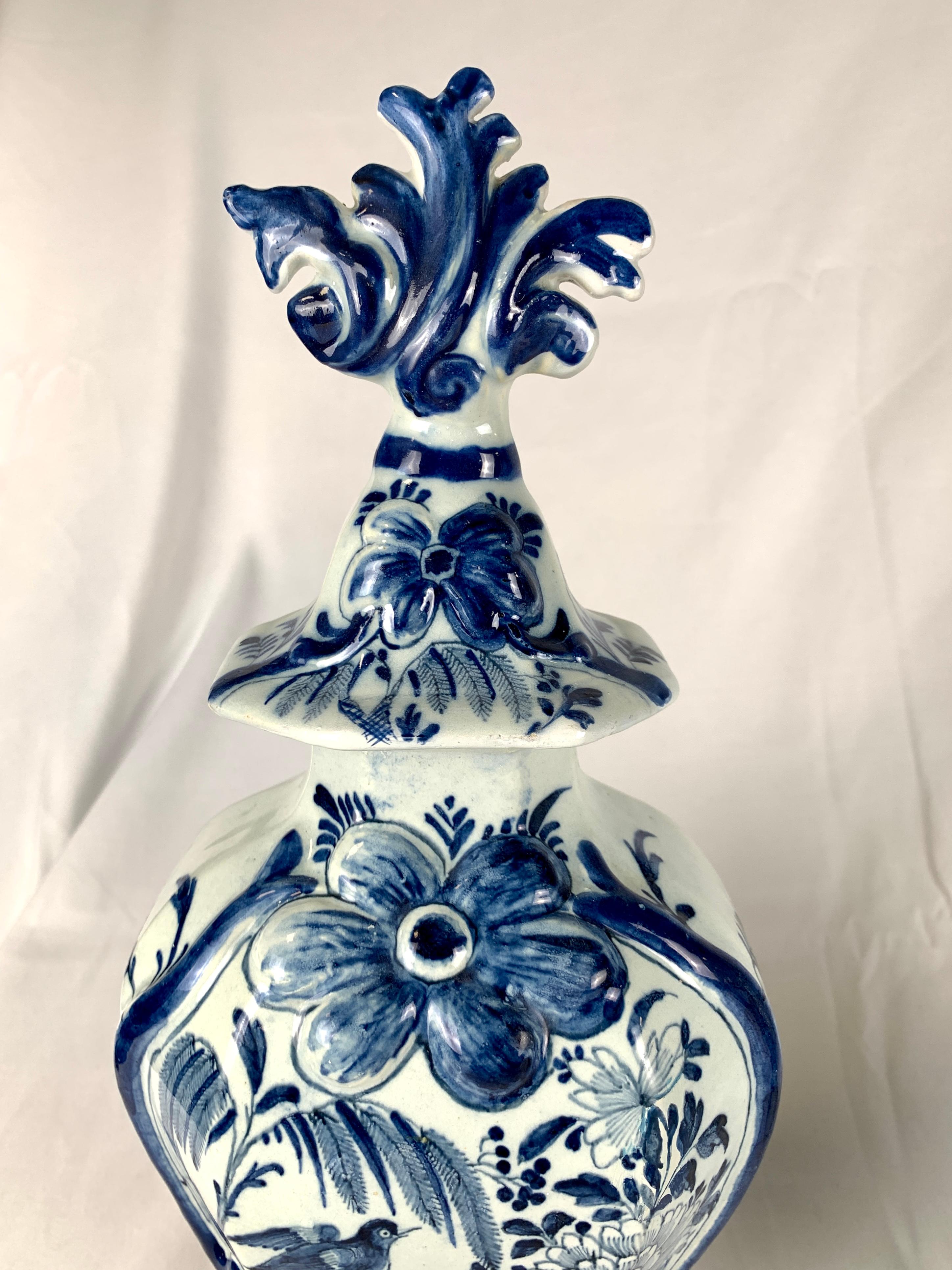 Pair Blue and White Delft Mantle Jars Hand Painted 18th Century Netherlands In Excellent Condition In Katonah, NY