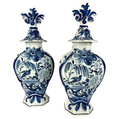 Pair Blue and White Delft Mantle Jars Hand Painted 18th Century Netherlands