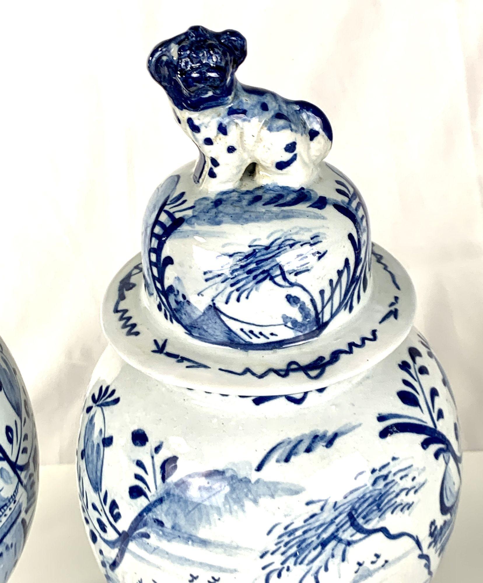 Pair Blue and White Delft Mantle Jars Hand Painted Netherlands, Circa 1770 In Excellent Condition For Sale In Katonah, NY