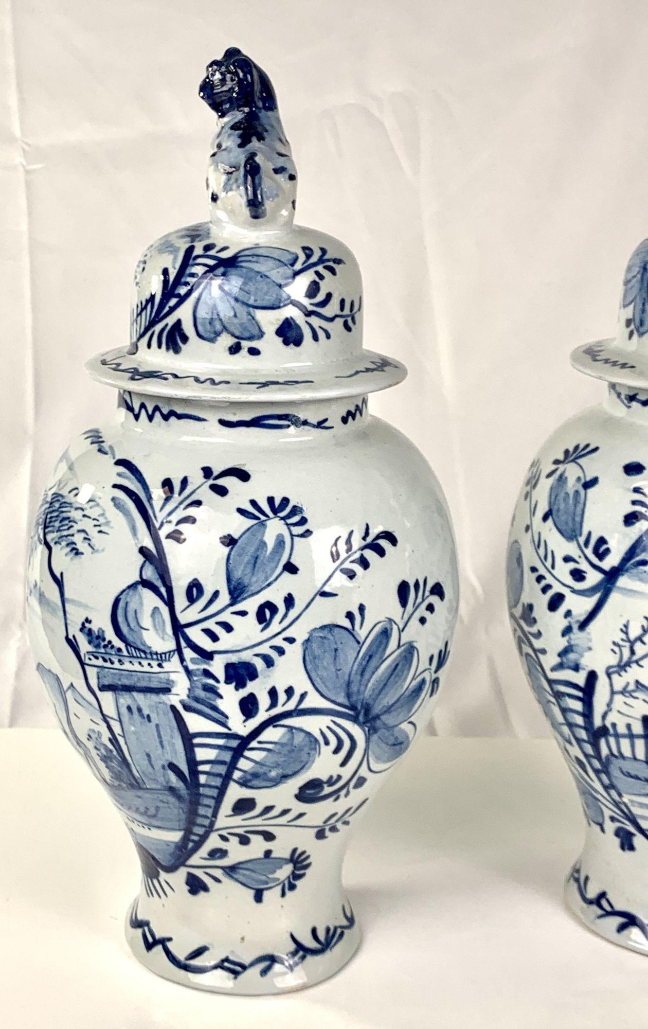Pair Blue and White Delft Mantle Jars Hand Painted Netherlands, Circa 1770 For Sale 1