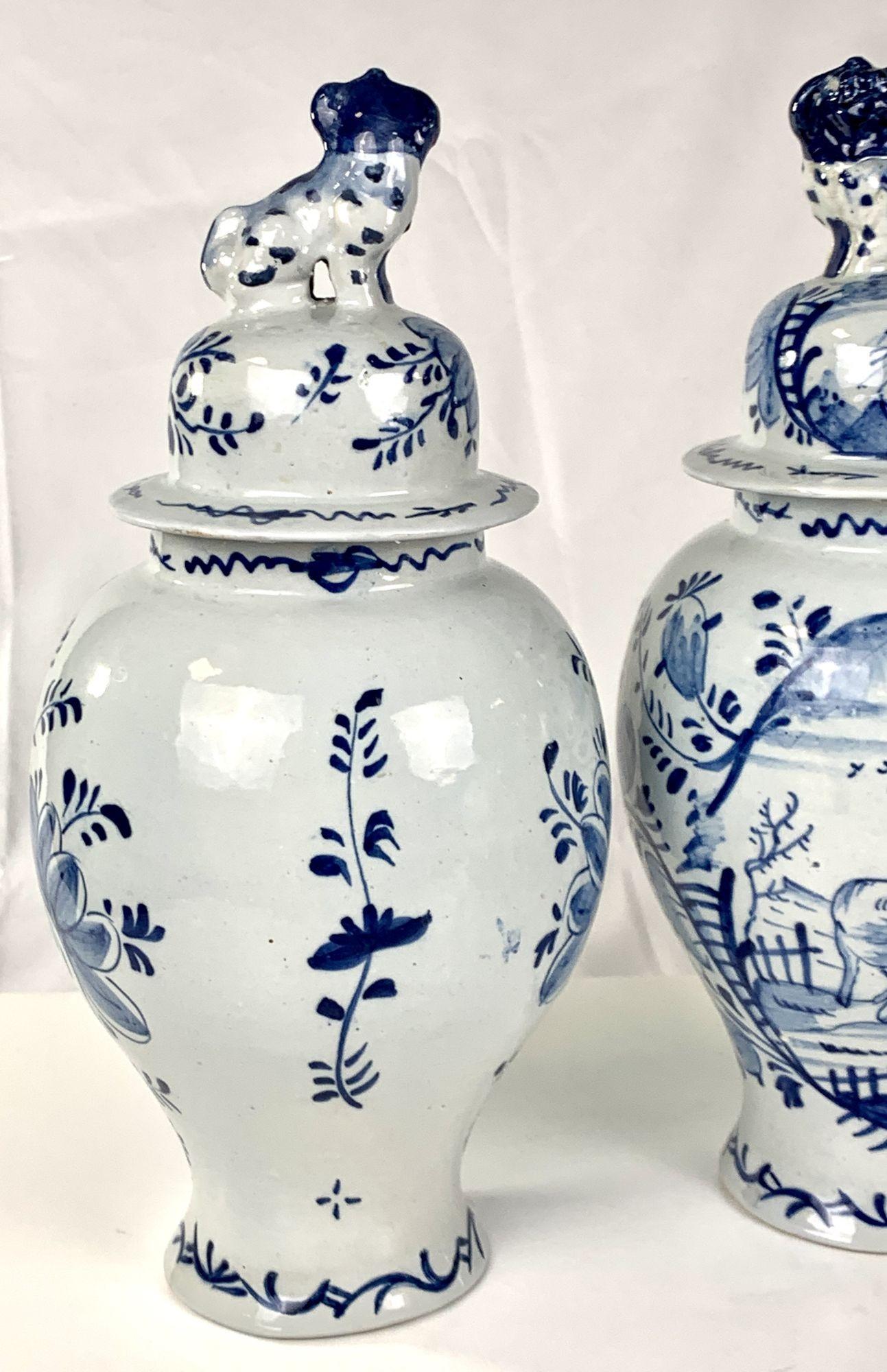 Pair Blue and White Delft Mantle Jars Hand Painted Netherlands, Circa 1770 For Sale 2