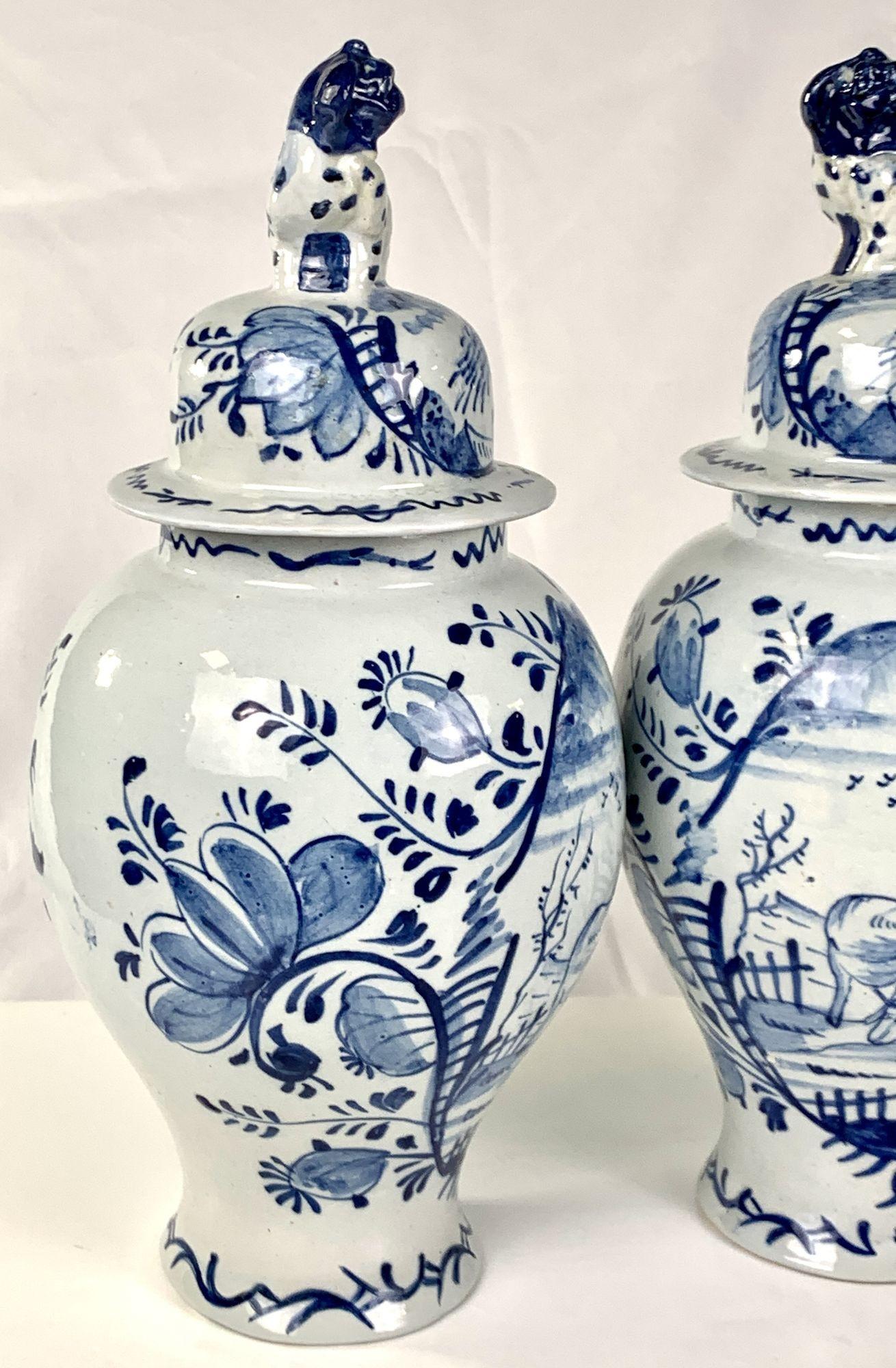 Pair Blue and White Delft Mantle Jars Hand Painted Netherlands, Circa 1770 For Sale 3