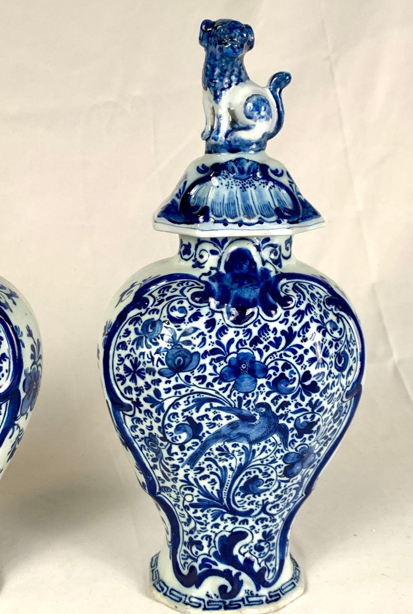 Hand-Painted Pair Blue and White Delft Mantle Jars Made by 