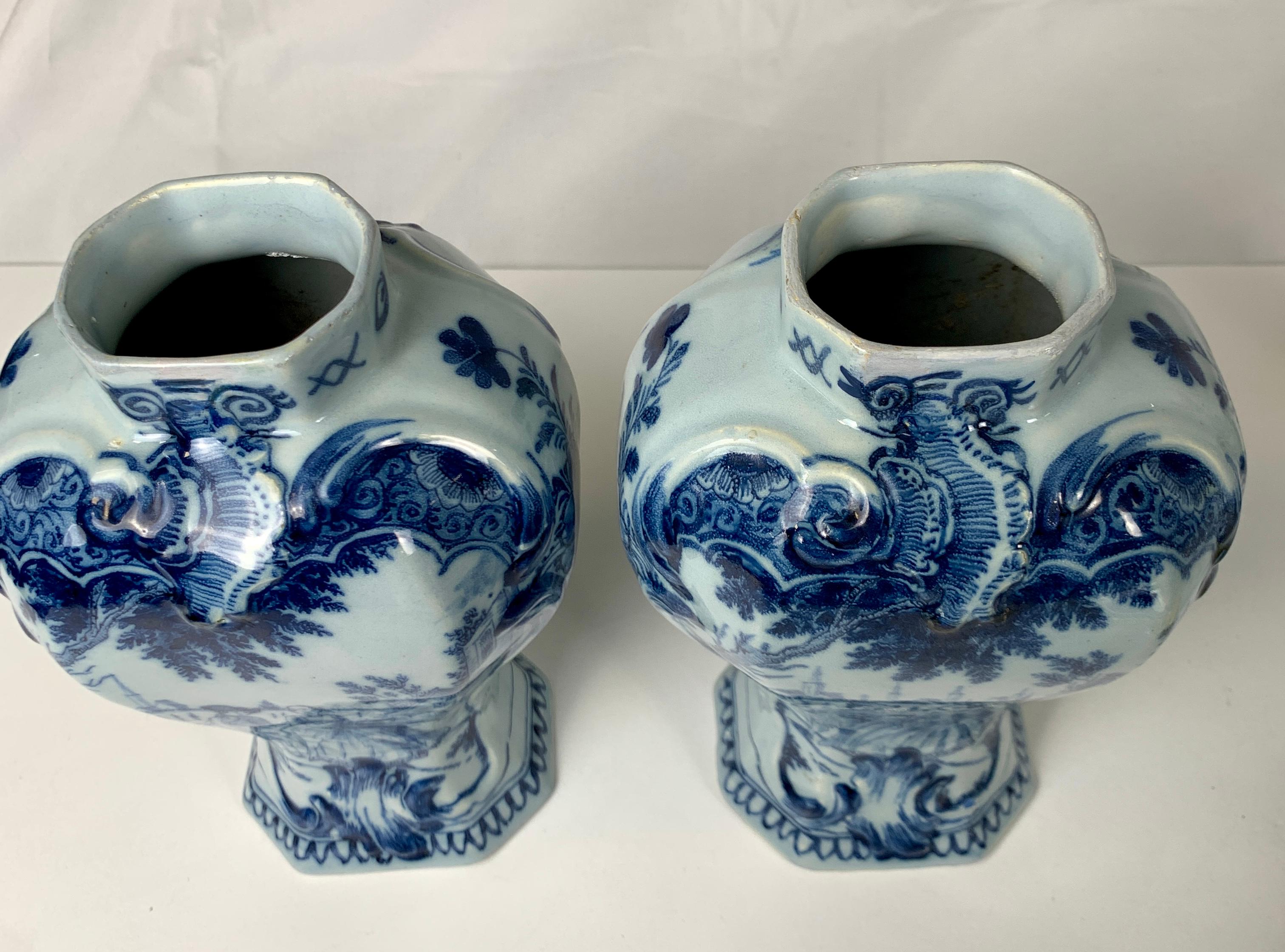 Pair Blue and White Delft Mantle Vases Hand-Painted, Netherlands, Circa 1770 3